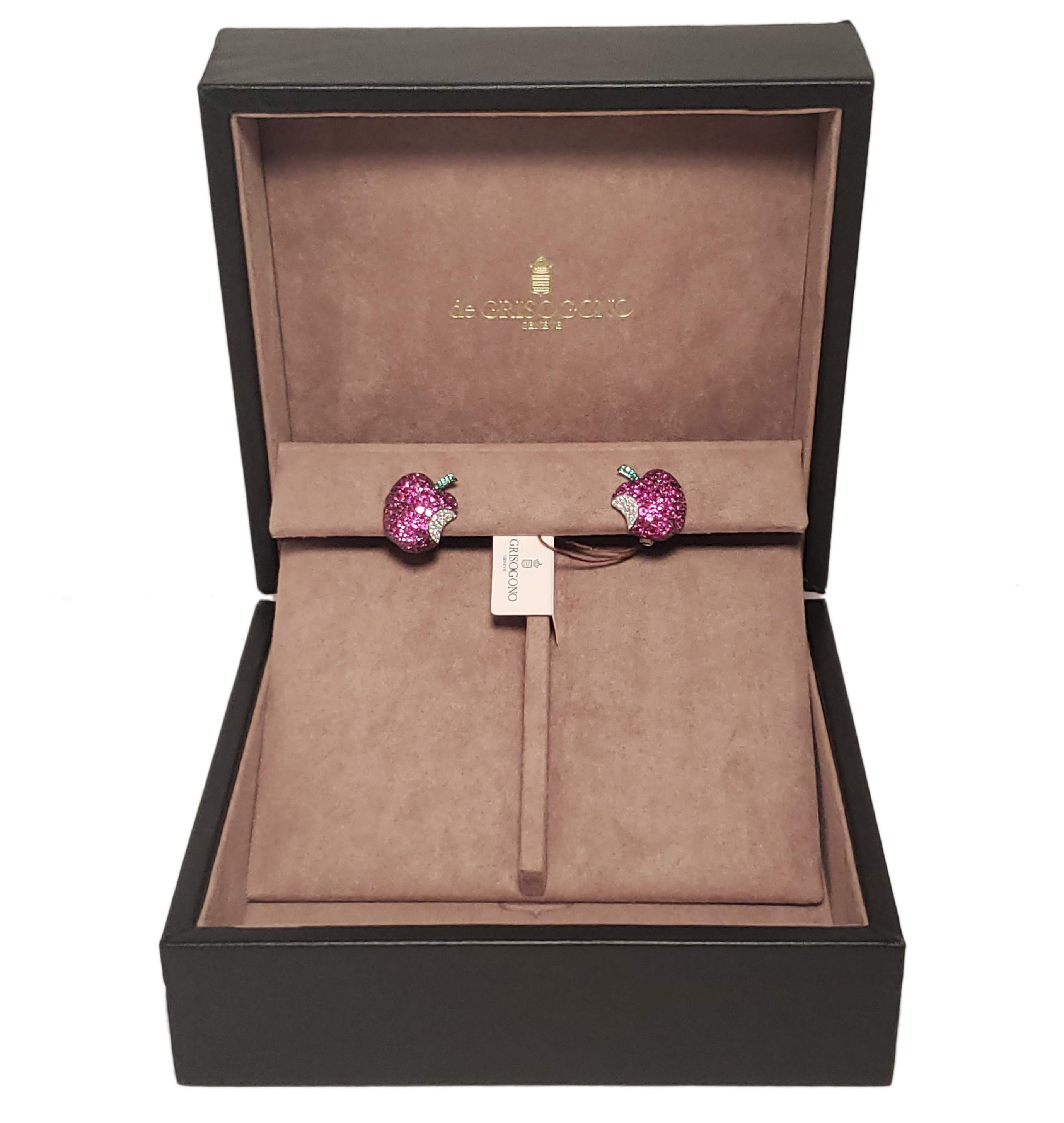 Luxury De Grisogono Apple Earrings - 18K White Gold with Genuine Rubies & Diamonds | Elegant Jewelry Gift for Women, Perfect for Parties & Special Occasions