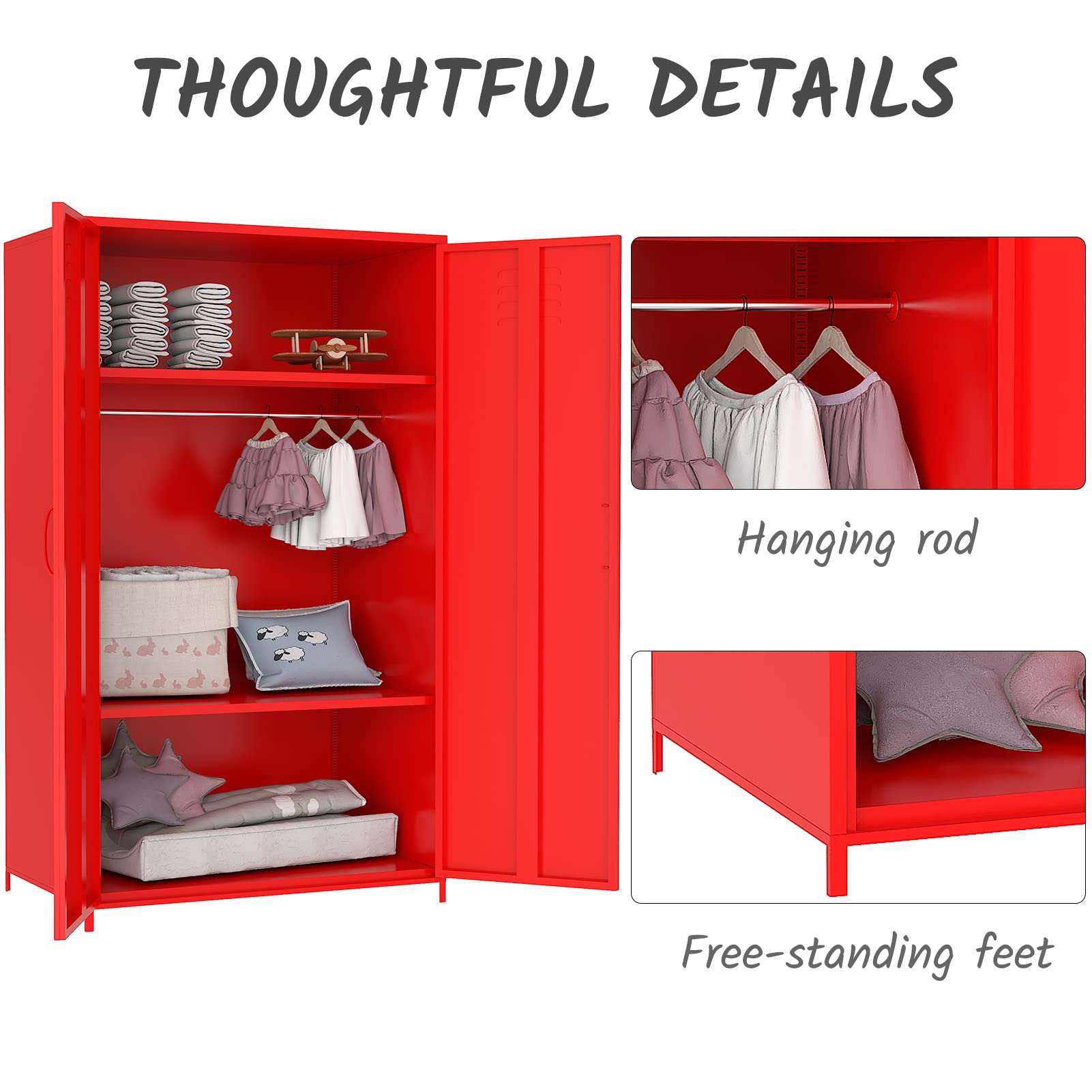 Steel Storage Cabinet with Double Doors - Hanging Rod & Shelves for Toys, Clothes, Books - Perfect for Bedroom, School, Classroom, Office (Red) - Organize Your Space with Durable Metal Locker