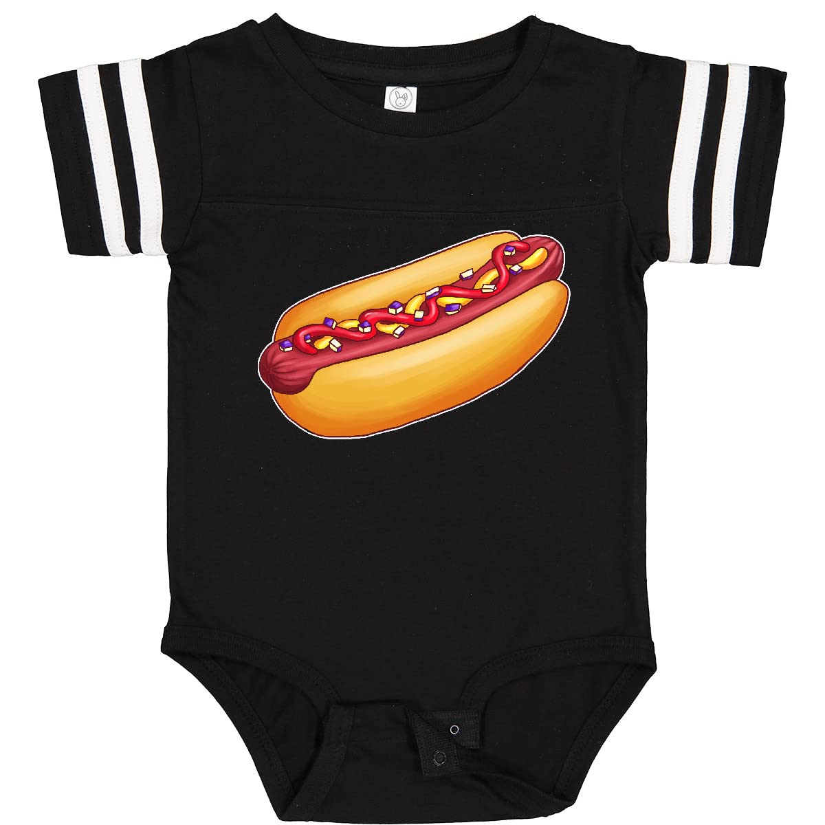 Inktastic Hot Dog Print Baby Bodysuit - Cute Mustard, Onions & Ketchup Design - Soft Cotton Infant Onesie for Playdates, Family BBQ & Funny Photo Shoots
