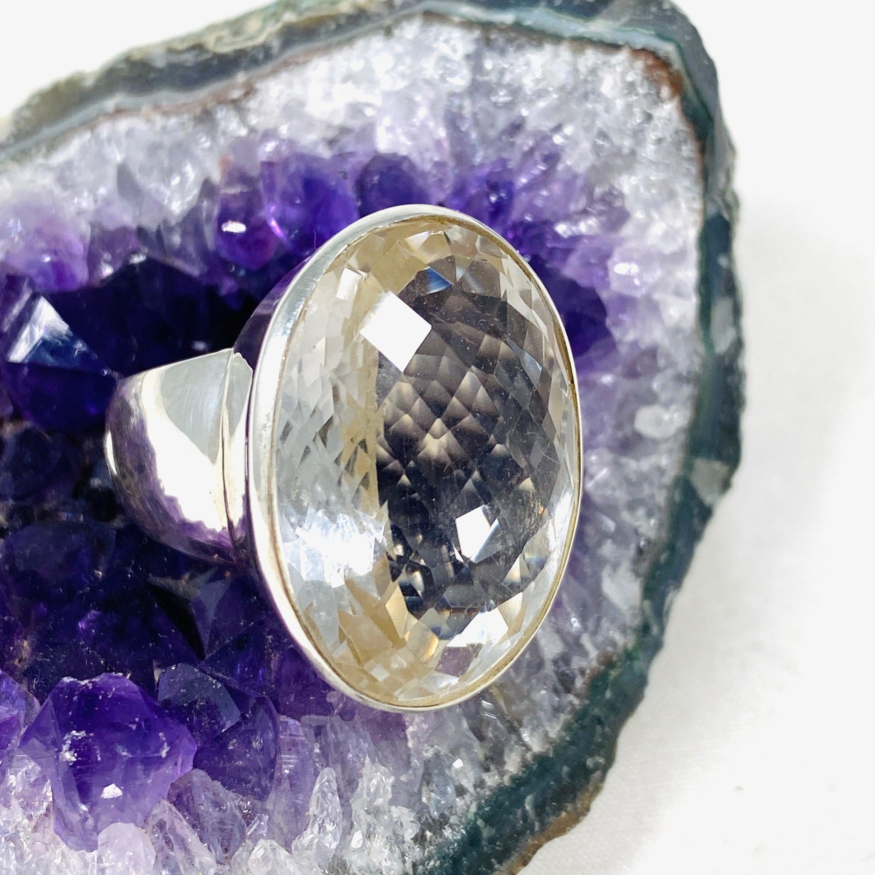 Natural Clear Quartz Oval Faceted Sterling Silver Ring Size 10 - Elegant Crystal Jewelry for Women, Perfect for Weddings, Parties & Everyday Wear