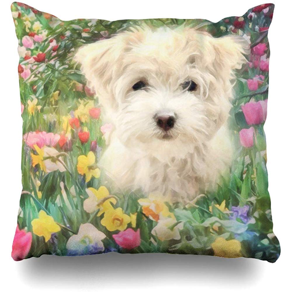 Colorful Floral Maltese Puppy Dog Throw Pillow Cover - 18x18 Inch Square Cushion Case for Sofa, Bed & Home Decor - Cute Pet Lover Gift Idea