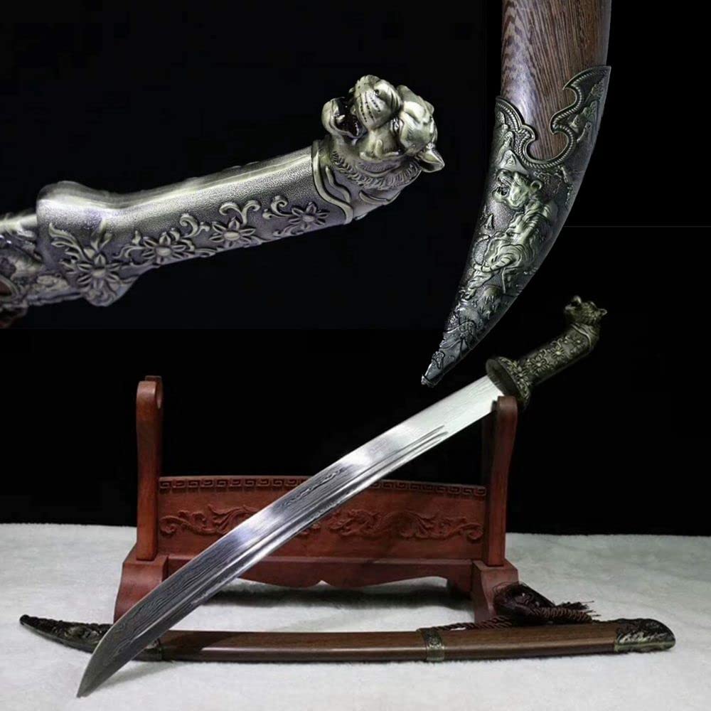 Hand-Forged Damascus Steel Full Tang Chinese Dao Sword with Tiger Handle - Perfect for Martial Arts Training, Collecting & Home Decor