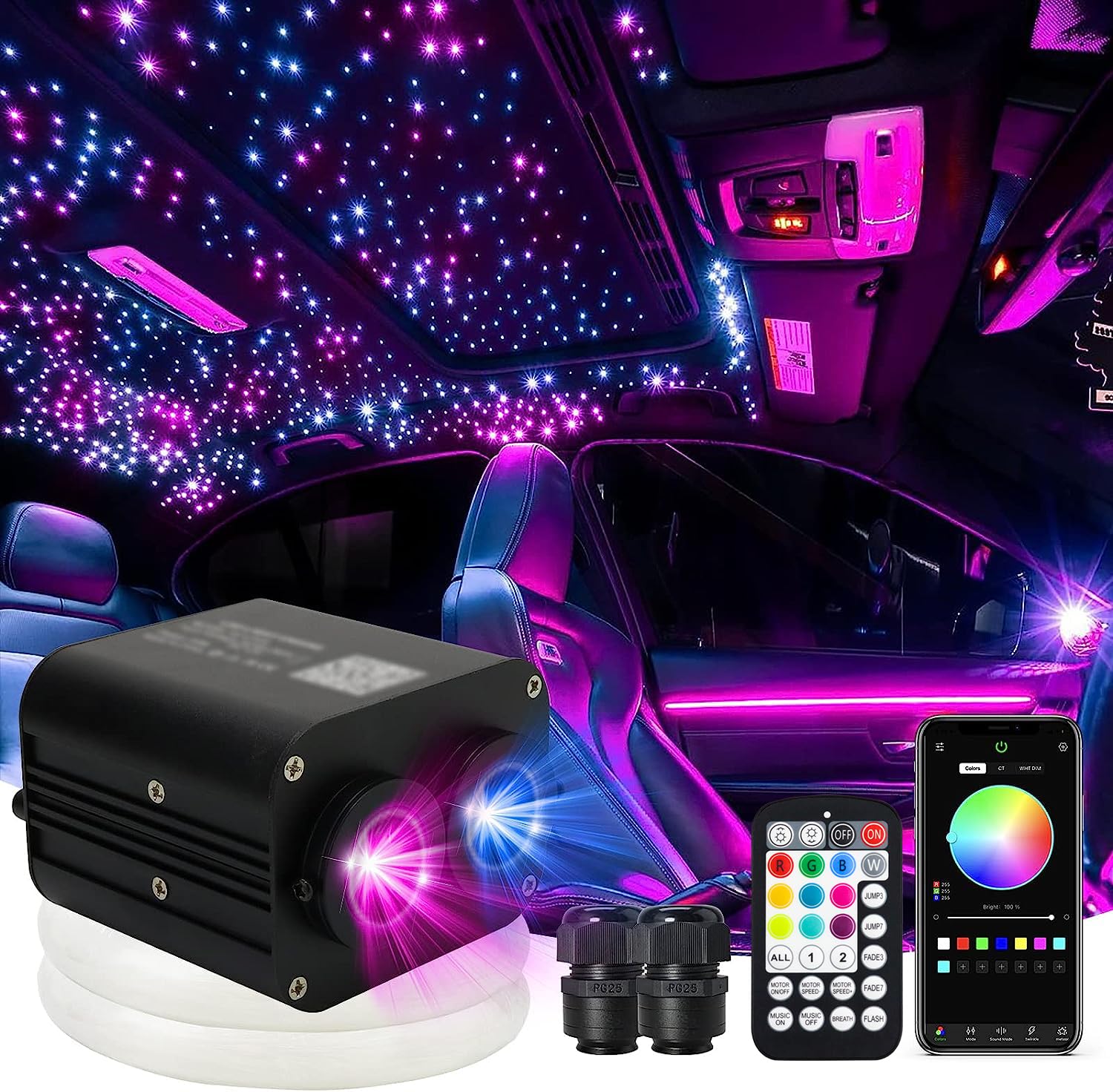 AMKI 20W Dual Color Twinkle Starlight Headliner Kit - 900pcs 0.03in Fiber Optic Star Ceiling Lights with Sound Activation & Music Mode - APP/Remote Control, 9.8ft Dual Port Light Box for Car, Home, Bedroom, Theater, and Party Decor (Perfect for Romantic Ambiance & Entertainment Spaces)