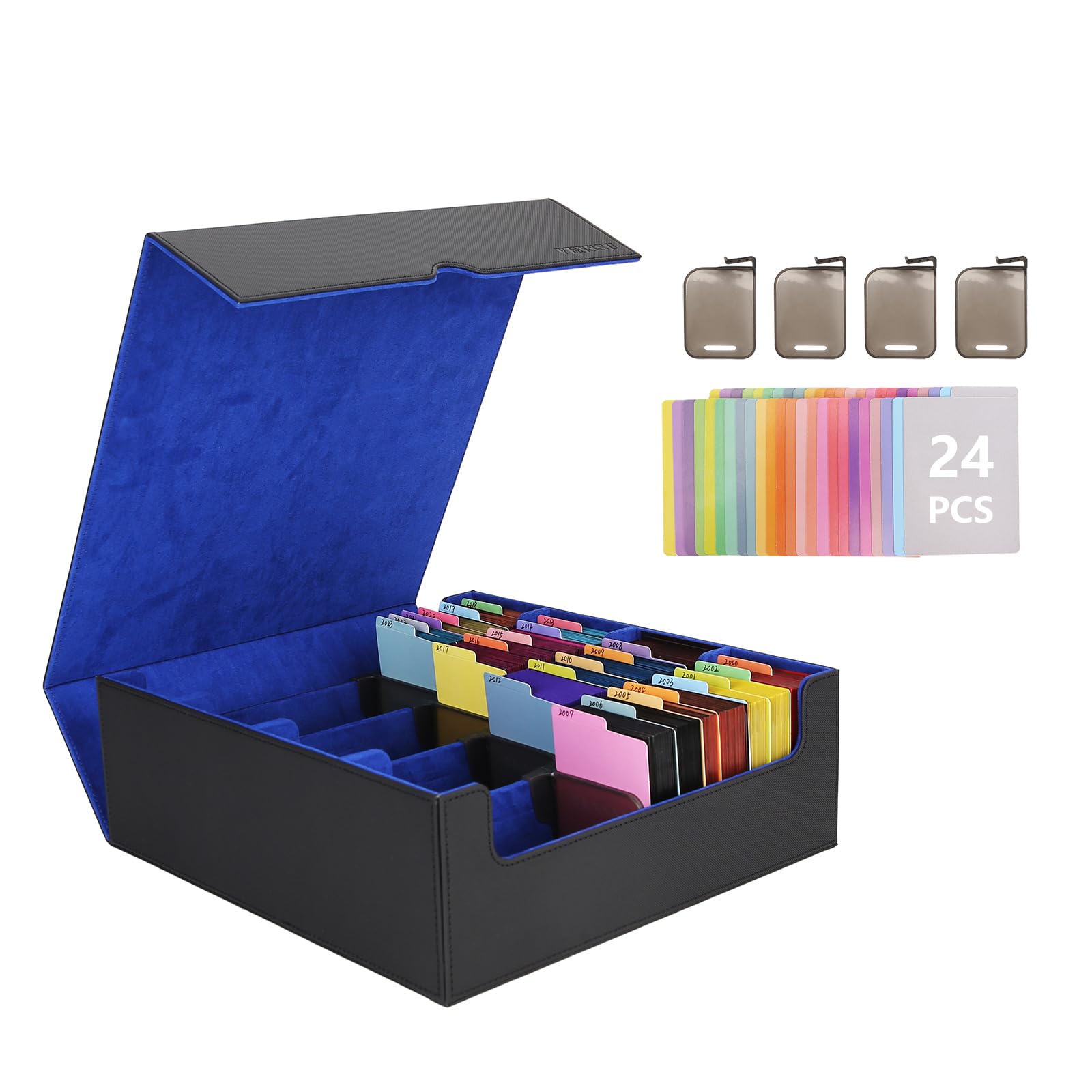Premium Venssu Trading Card Storage Box - Holds 3000+ TCG, Magic, MTG Cards with 24 Colorful Divider Tabs & Card Supporters (Black & Blue) - Perfect for Card Game Tournaments, Collectors & Organized Storage
