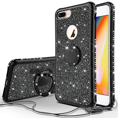 Premium Glitter Ring Kickstand Case for iPhone 8 Plus/7 Plus - Sparkly Diamond Bling Thin Soft Protective Cover for Women & Girls (Black) | Perfect for Everyday Use, Work & Social Events