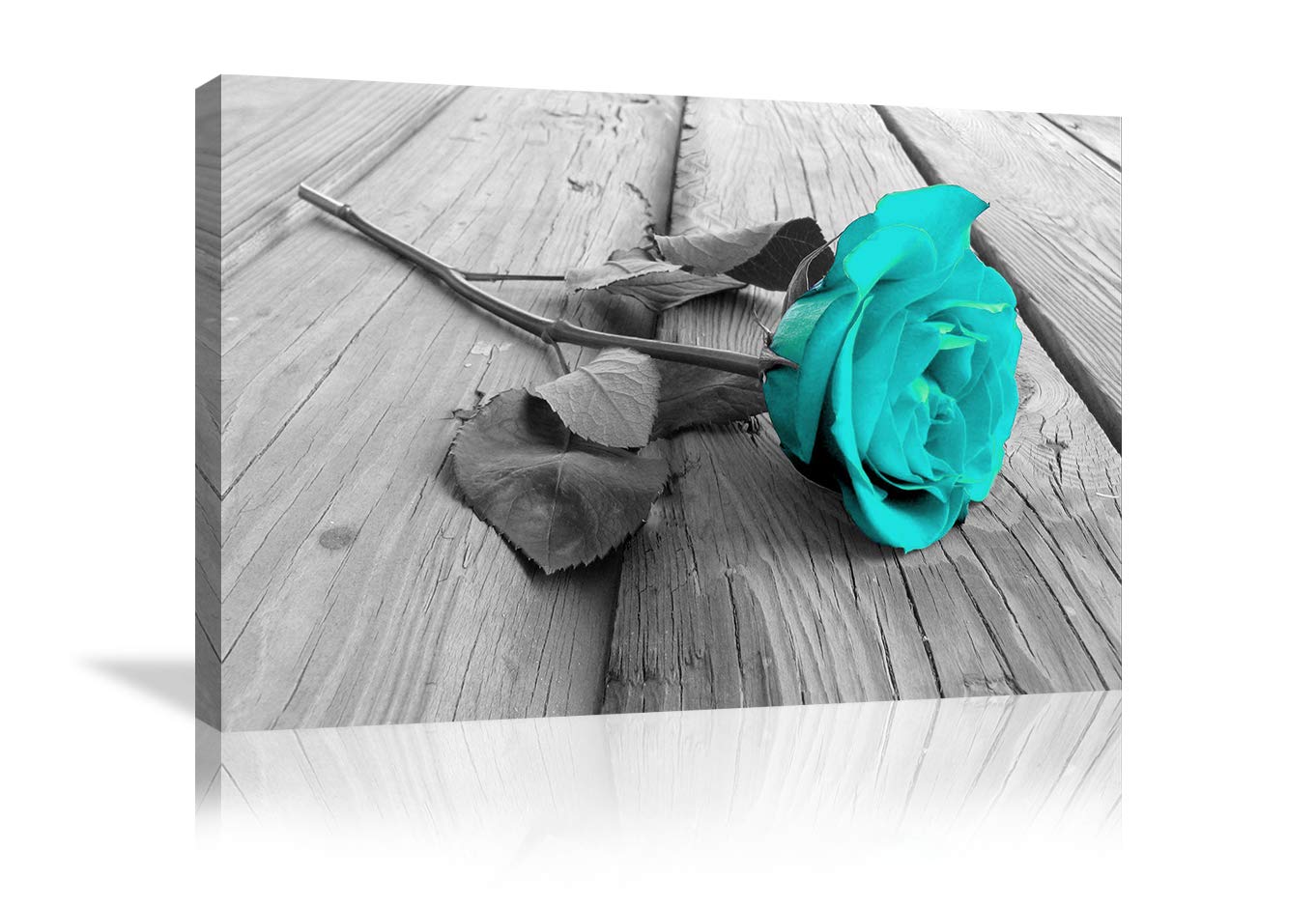 Modern Floral Canvas Wall Art - Black White Teal Rose Flower on Grey Wooden Board, Stretched & Framed Ready to Hang | Home Decor for Living Room, Bedroom, Bathroom | Perfect for Farmhouse, Boho & Contemporary Interior Design