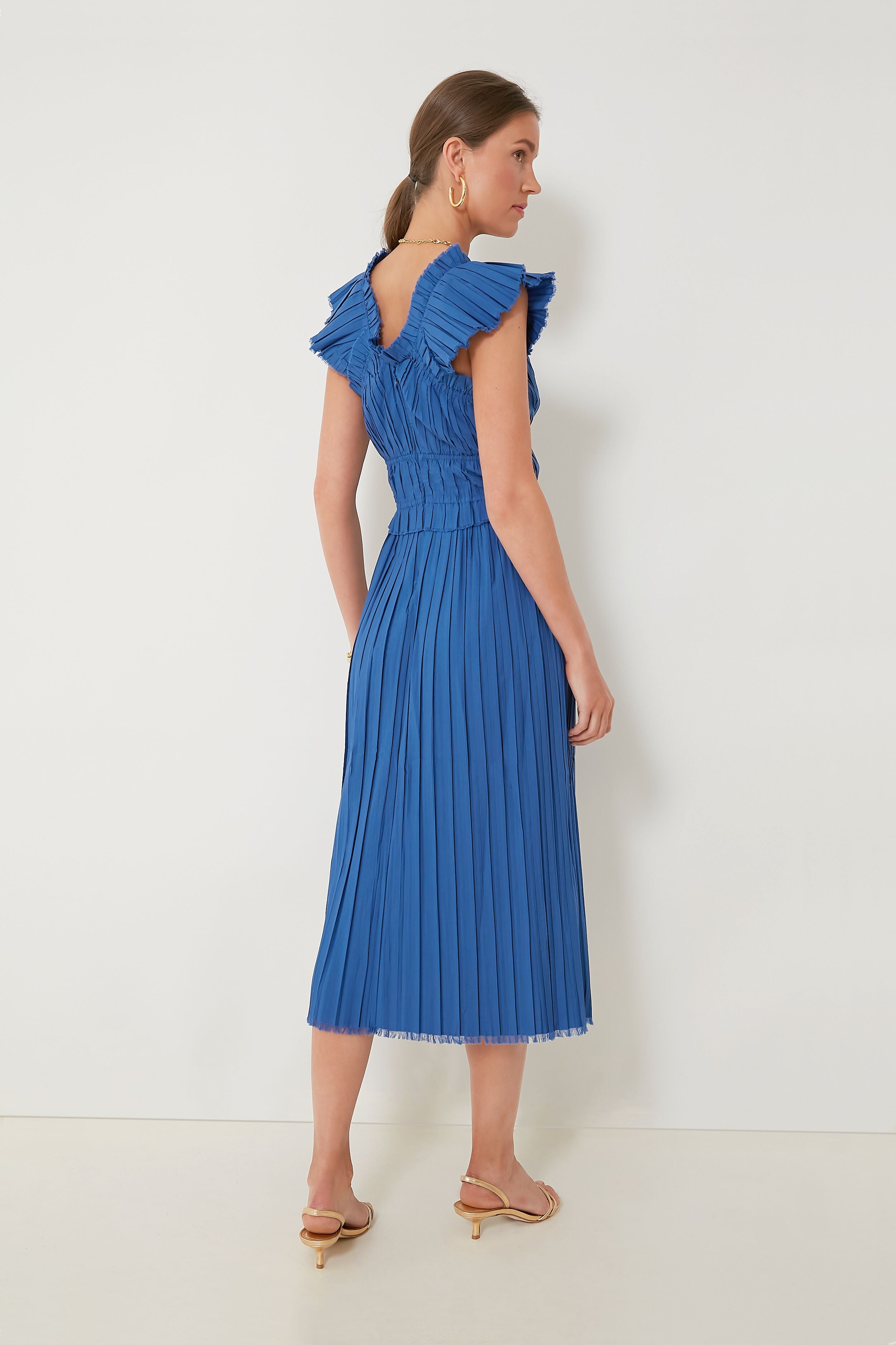 Blue Greir Pleating Flutter Sleeve V-Neck Dress - Elegant Summer Dress for Women, Perfect for Parties, Weddings & Date Nights