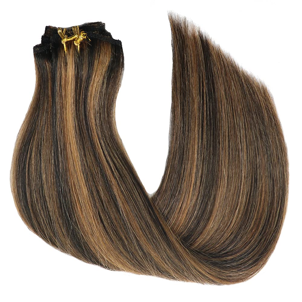 16inch Real Human Hair Clip In Extensions - 16.5inch Length, 100g Double Wefted with Thick Ends & Silky Soft Texture in Piano/Off Black/Chestnut Blonde Highlights | Perfect for Daily Styling, Parties & Special Occasions