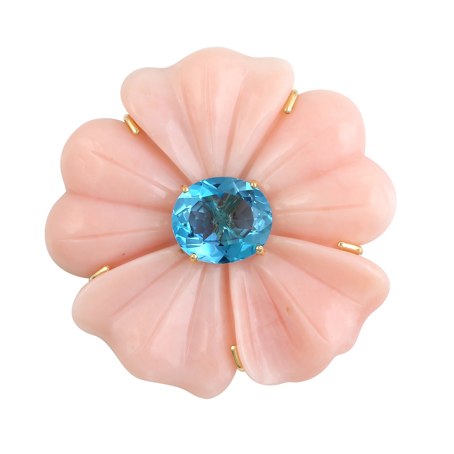 18K Yellow Gold Carved Opal & Blue Topaz Daisy Pendant Necklace - Elegant Floral Jewelry Gift for Women, Perfect for Anniversaries & Special Occasions