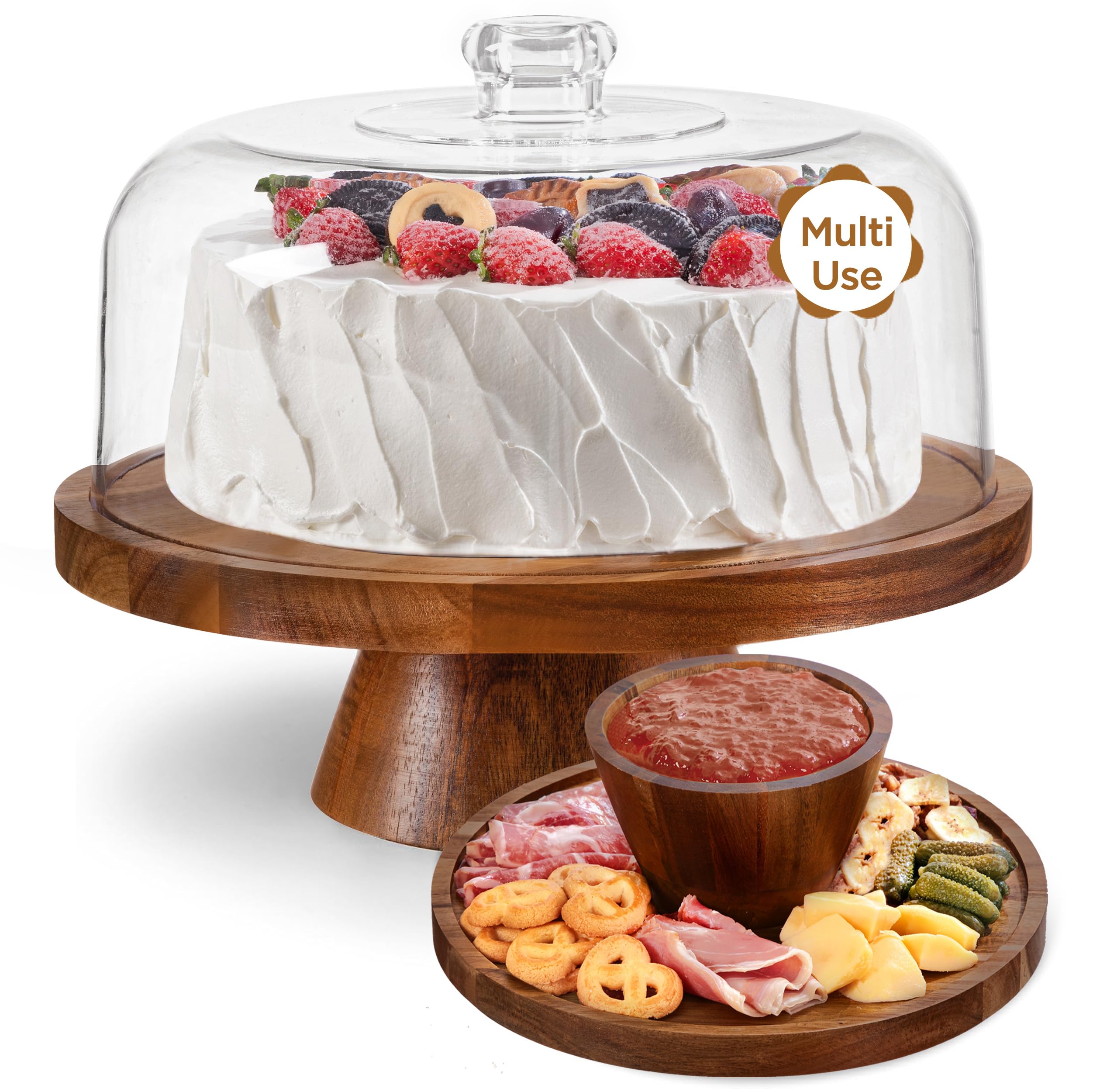HBlife 6-in-1 Acrylic Dome Cake Stand with Lid - Acacia Wood Multifunctional Cake Plate Display for Baking, Birthday Parties & Weddings | Perfect for Kitchen Decor, Dessert Serving, and Gift Presentation