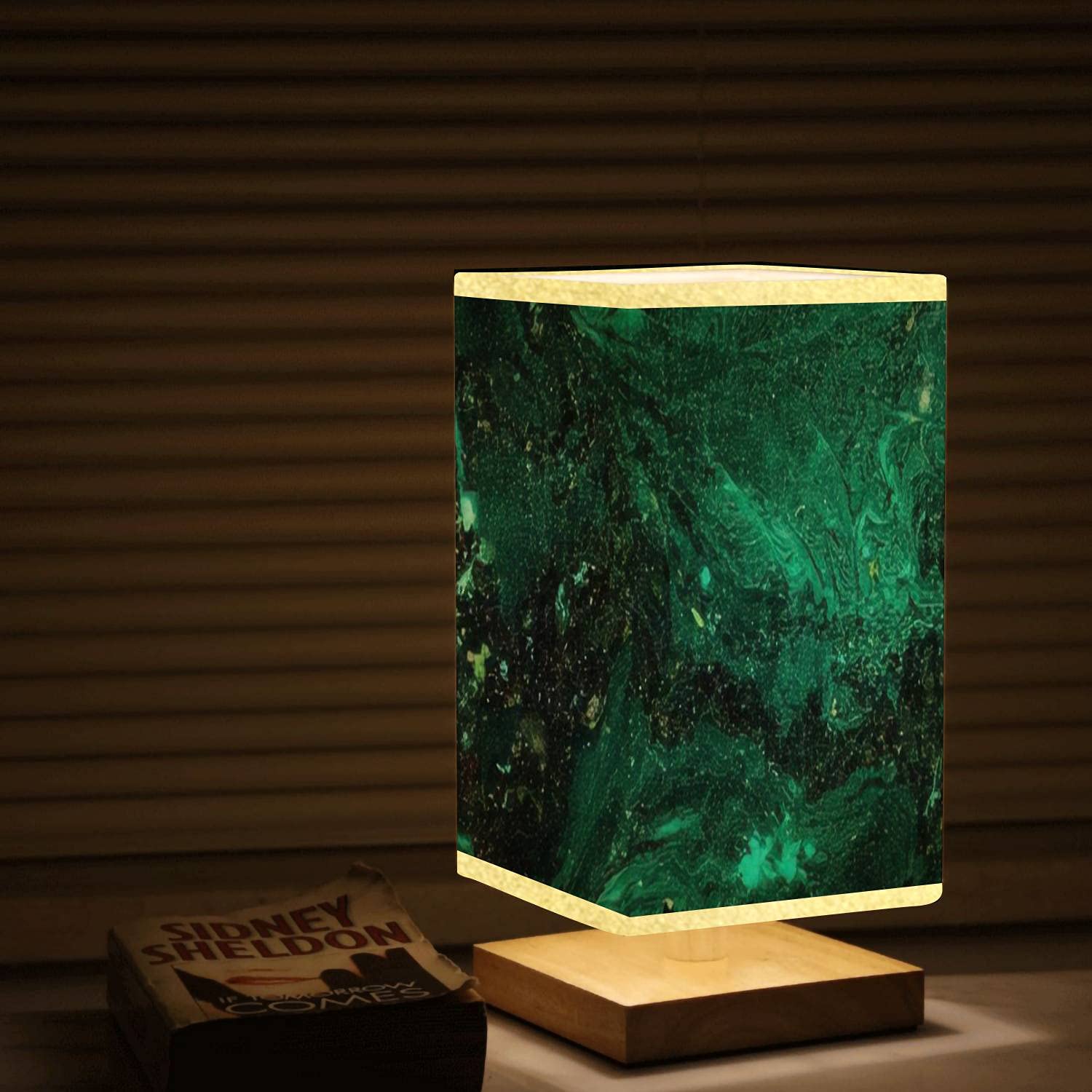 Abstract Emerald Green & Black Marble Texture Dimmable Nightstand Lamp with Wooden Base & Flaxen Fabric Shade - Perfect for Bedroom, Living Room & Office Lighting