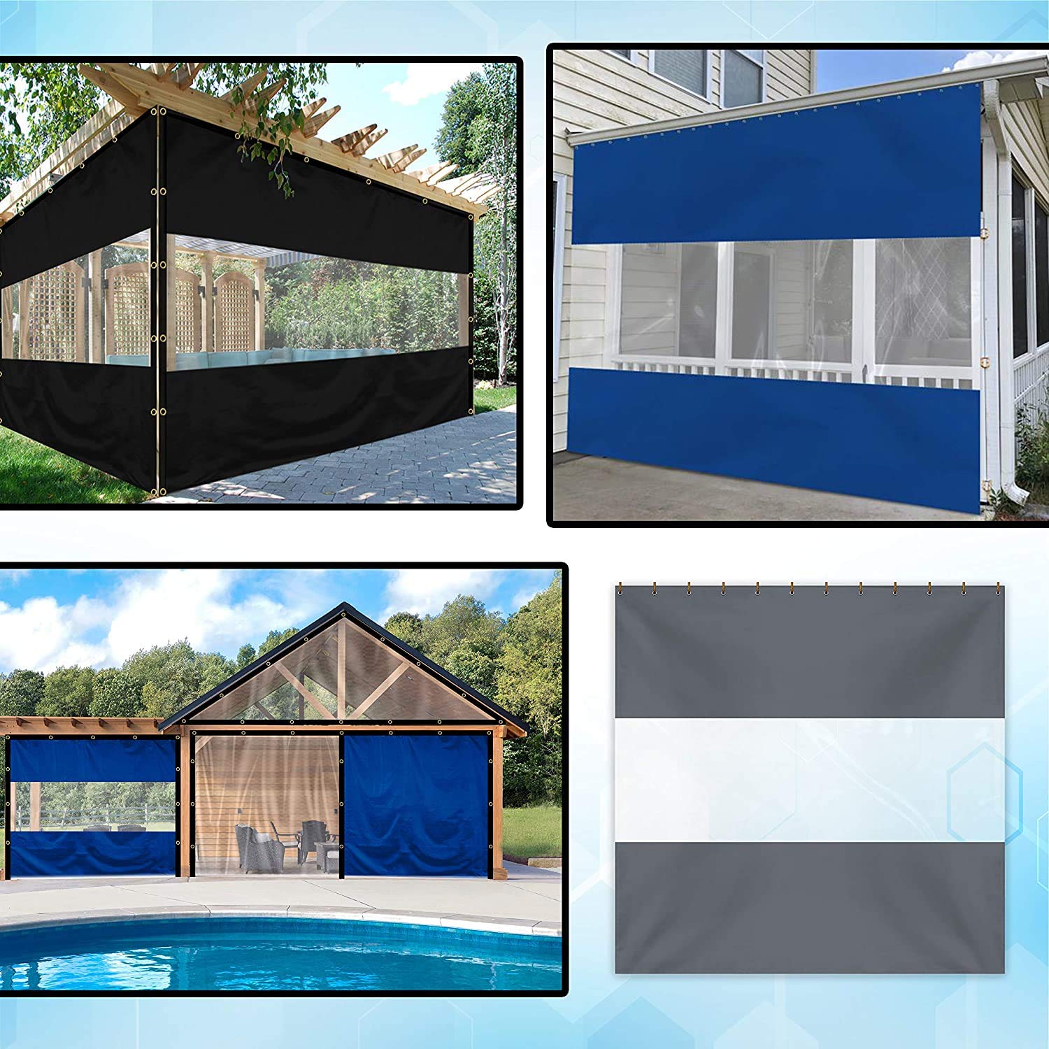 12 oz Vinyl Clear Panel Outdoor Curtains - Waterproof & Weather Resistant Patio Covers with Brass Grommets for Pergola, Porch, Gazebo, Balcony - Perfect for Sun Protection, Privacy & Outdoor Living (15' H x 9' W, Gray)