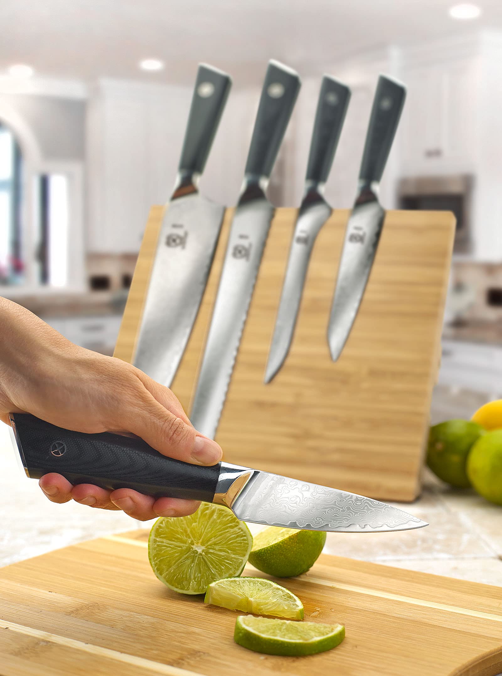Premium Mercer Culinary 6-Piece Super Steel Knife Set with Magnetic Bamboo Stand & Ergonomic G10 Handles - Professional Chef Knives for Kitchen, Home Cooking, Meat Cutting & Food Preparation