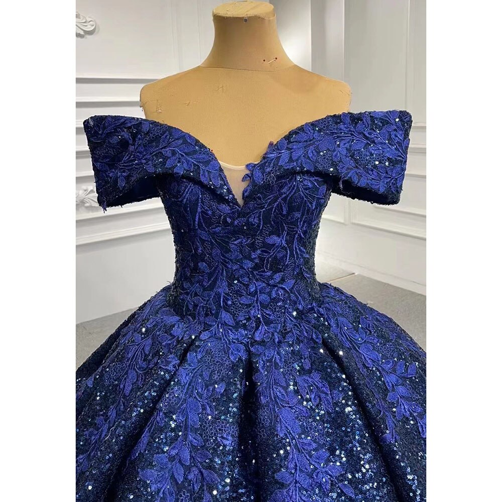 Luxury Blue Beaded Sequined Off-Shoulder Wedding Dress for Bride - Custom Made 2025 Collection HM66536B | Perfect for Beach Weddings, Evening Galas & Formal Events