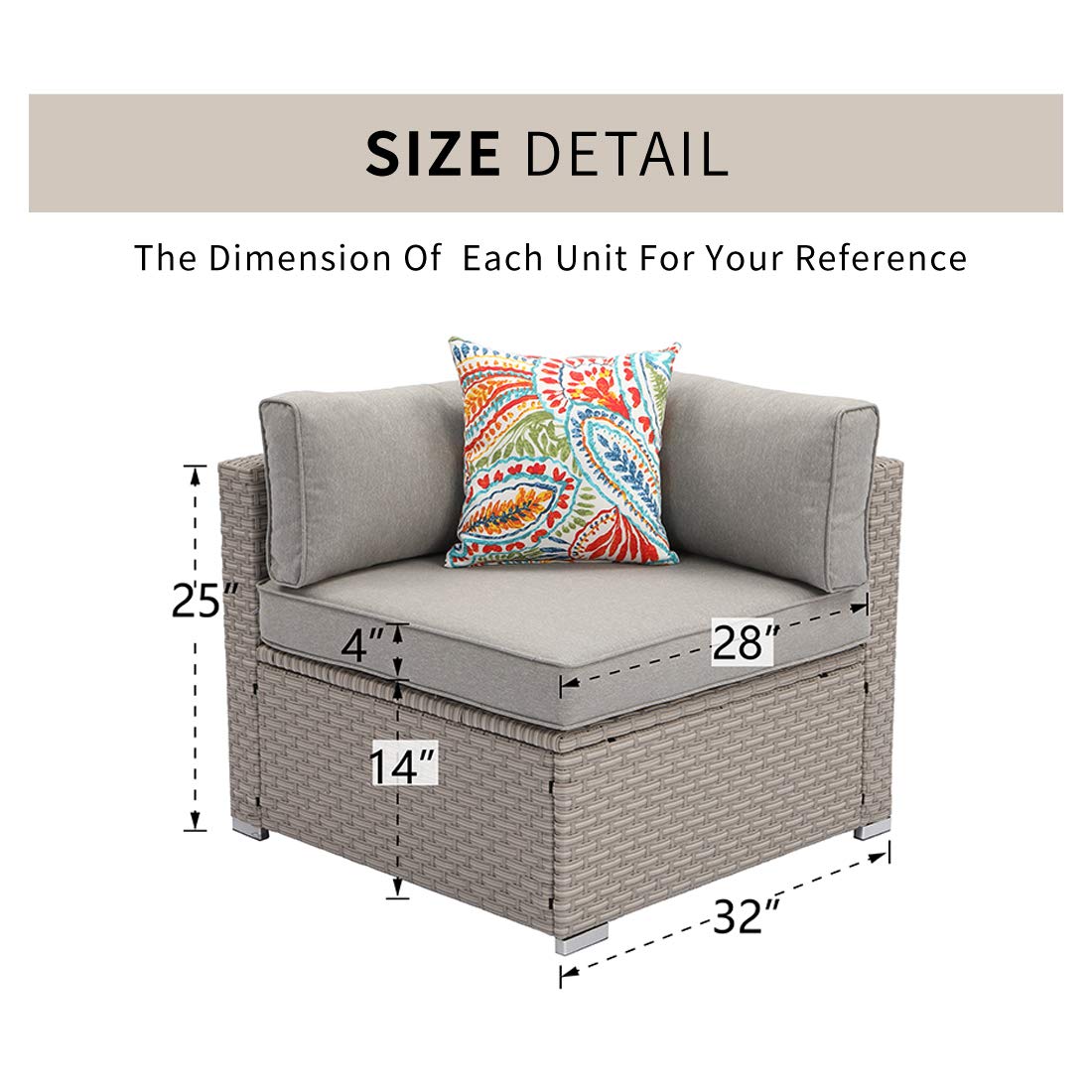 HOMPUS Outdoor Patio Furniture - Right Corner Wicker Chair with Warm Gray Cushions & Pillow - Weather-Resistant Garden, Pool, Backyard Lounge Seating for Relaxation