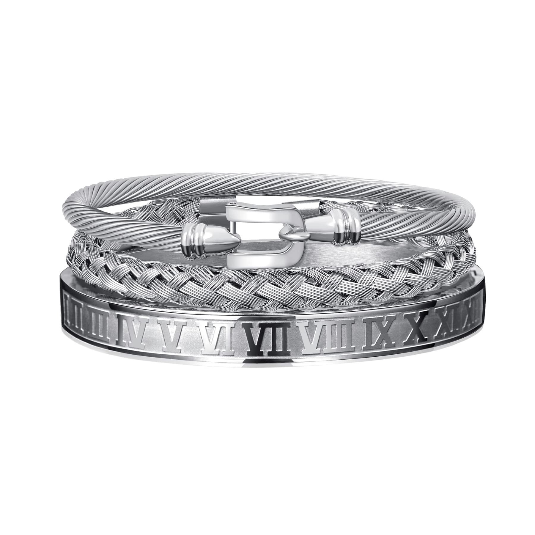 WFYOU 3PCS Stainless Steel Imperial Crown Bracelets for Men - Gold Roman Numeral Bangle, Adjustable Cuff Bracelet - Luxury Jewelry Gifts for Him - Perfect for Weddings, Parties & Formal Events