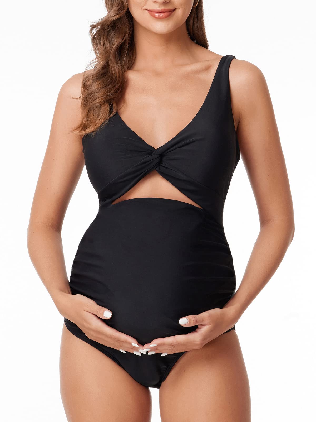 Summer Mae Maternity Cutout One Piece Swimsuit - Twist Front Criss-Cross High Waisted Pregnancy Bathing Suit for Women | Perfect for Beach Vacations, Pool Parties & Maternity Photos