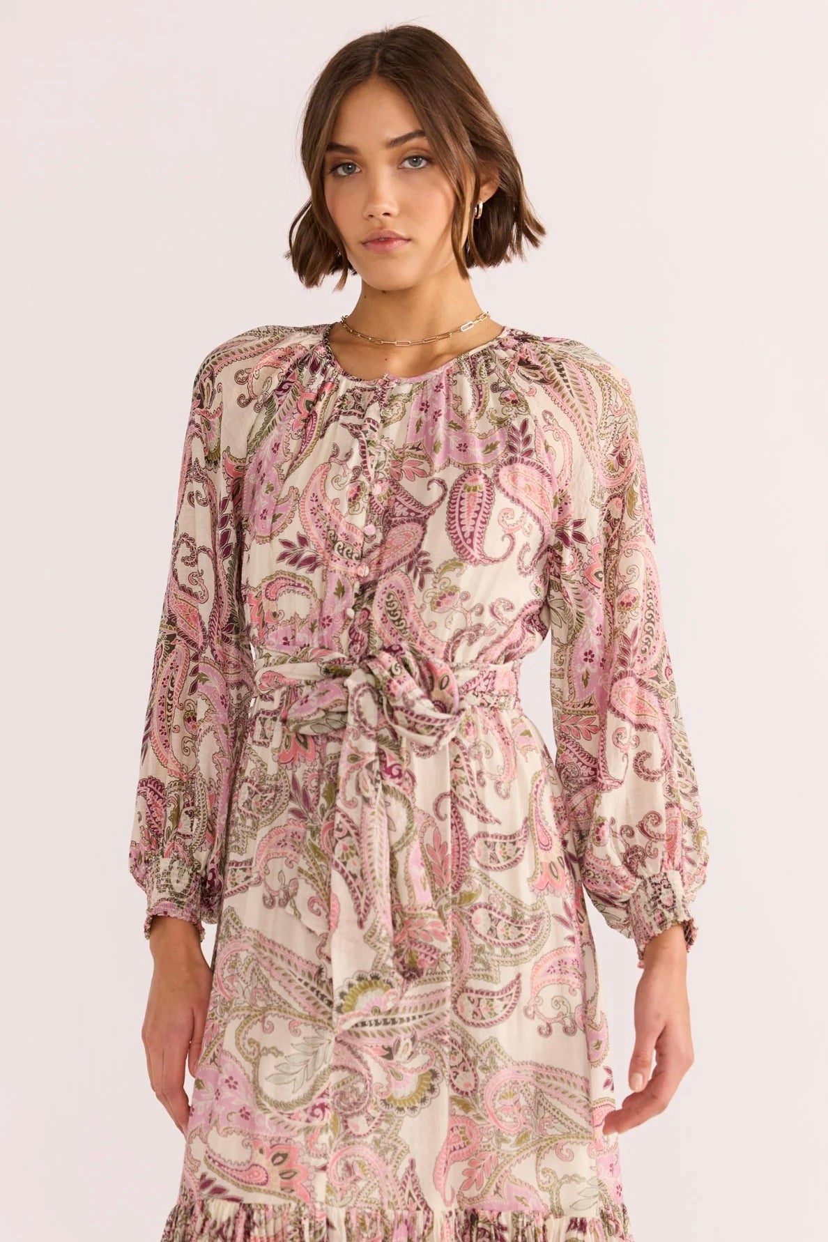 Cadence Pink Paisley Blouson Long Sleeve Midi Dress for Women | Floral Print Casual Party Wear | Perfect for Office, Wedding & Date Night Outfits