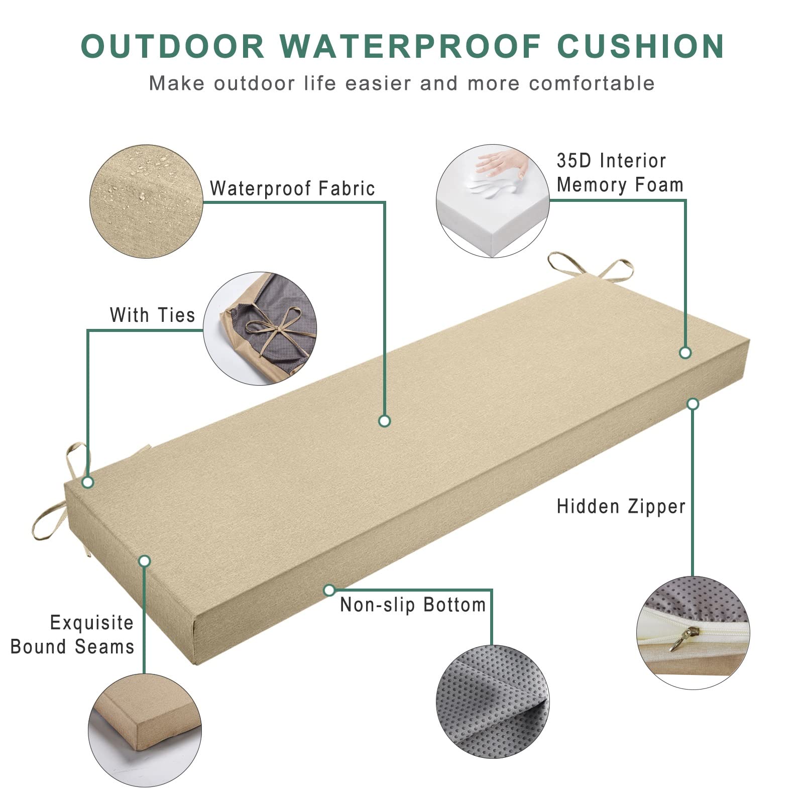 Waterproof Custom Outdoor Bench Cushion 17.7x17.7x4 Inch - Non-Slip Patio Furniture Cushion for Swing, Couch & Window Seat - Beige (Perfect for Garden, Porch & Indoor Use)