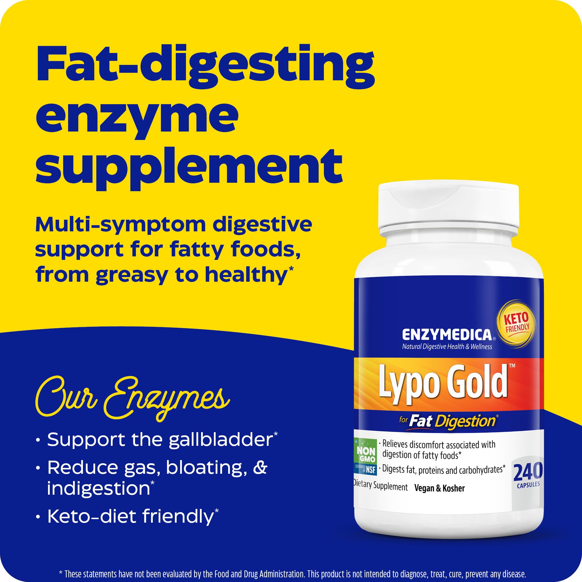 Enzymedica Lypo Gold Digestive Enzymes - 240 Capsules for Fat & Protein Digestion Support | Ideal for Meals with High Fat Content