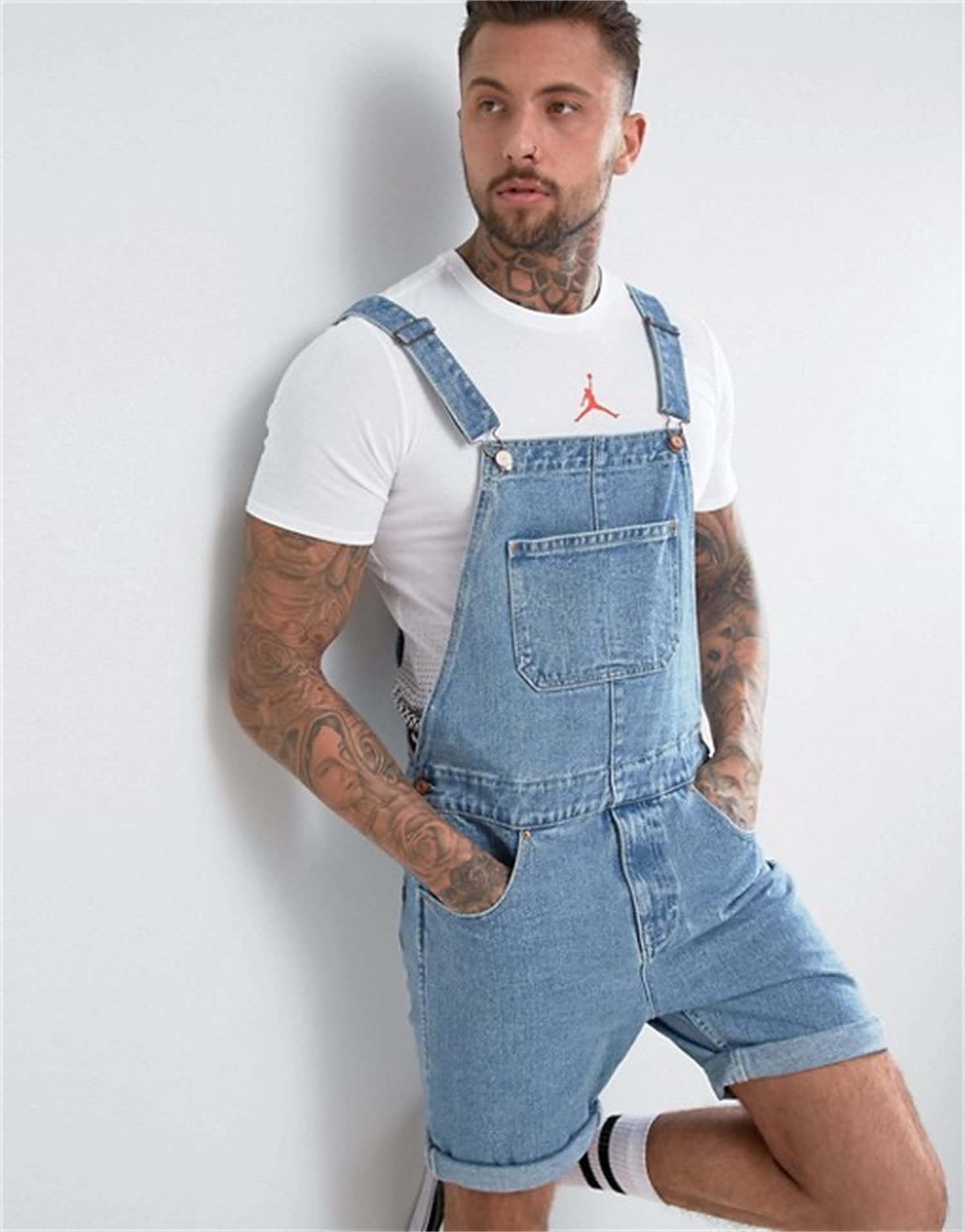Men's Loose Fit Bib Overalls Shorts - Denim Jumpsuit with Pockets | Casual Workwear & Summer Beach Romper | Light Blue X-Large | Perfect for Outdoor Activities, Gardening & Vacation Wear