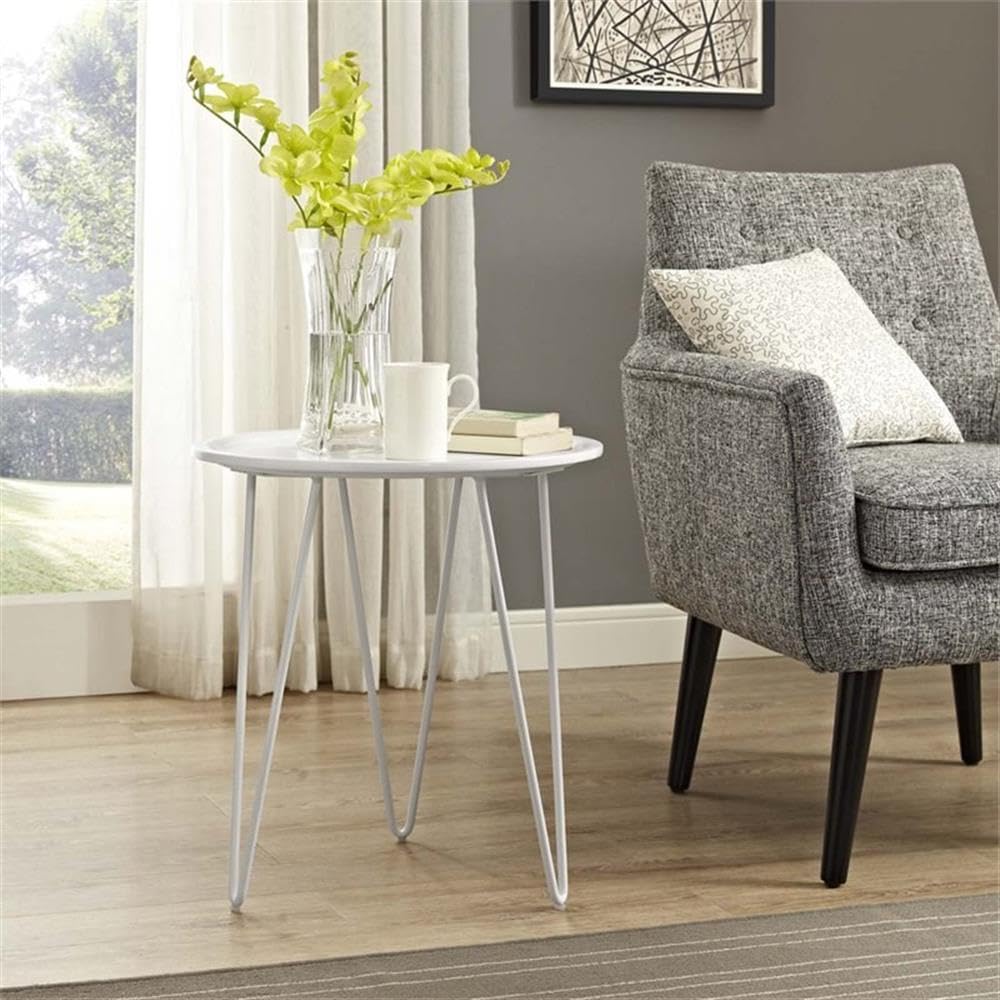 Allora Modern White Round Top End Table - Fiberboard & Steel Metal Design for Living Room, Bedroom & Office | Compact Side Table for Small Spaces