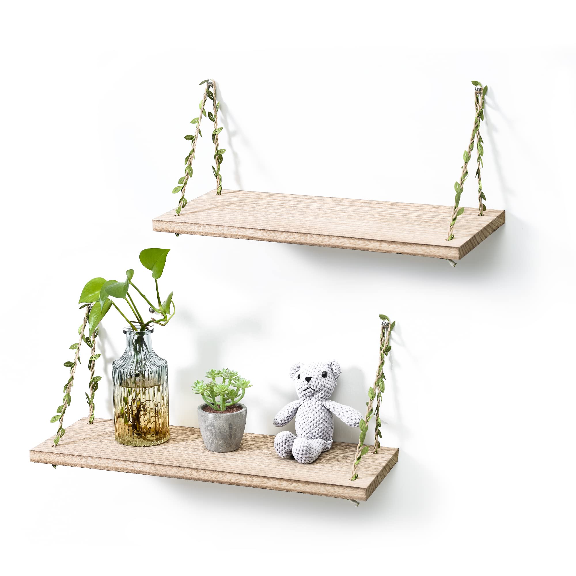 MITIME Floating Wall Shelves Set of 2 - Modern Leaf Rope Hanging Shelves for Home Decor, Bedroom & Bathroom Storage - Light Color Wooden Swing Shelves for Books, Plants & Decorative Items