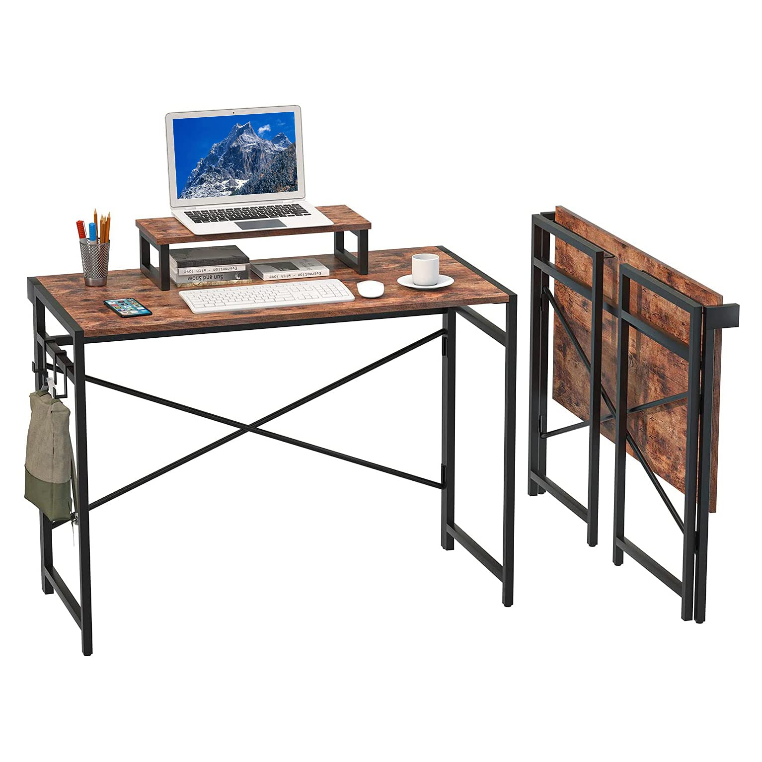 44-Inch Small Folding Computer Desk - No Assembly Required Writing Desk with Monitor Lifter & 3 Hooks | Space-Saving Foldable Workstation for Home Office, Dorm Room & Small Spaces | Simple Brown Home Office Desk for Work & Study