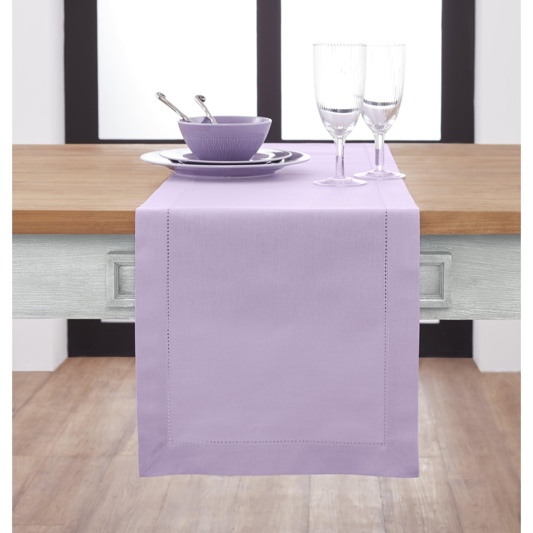 Solino Home 90 Inch Easter Table Runner - Cotton Linen Hemstitch in Lavender Ice (14x90 Inches) for Dining Table Decor | Perfect for Weddings, Parties & Spring Celebrations | Elegant Table Setting for Easter Brunch, Holiday Gatherings & Special Occasions