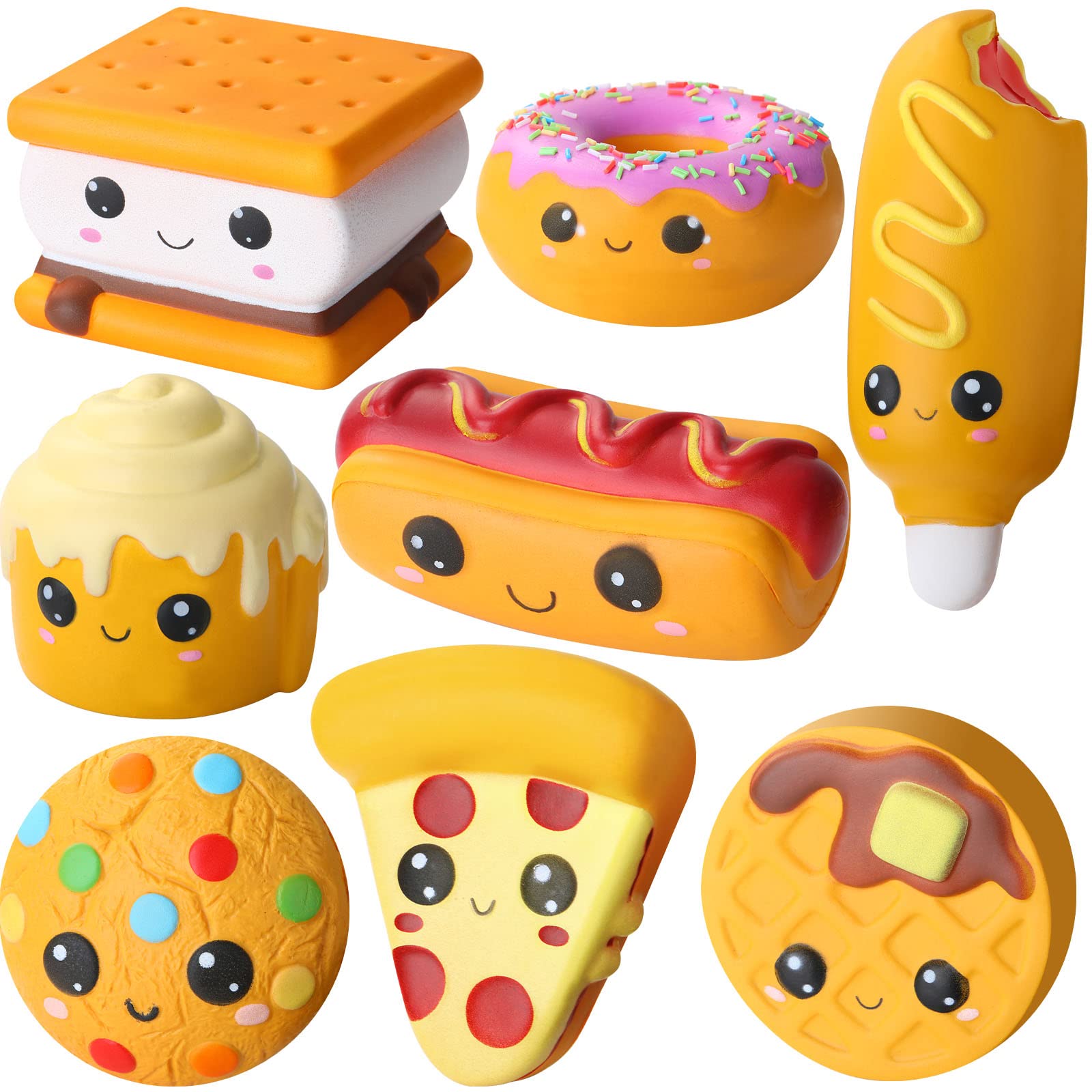 8 Pcs Slow Rising Squishy Stress Relief Toys - Hot Dog, Cake, Bread, S'more, Pizza, Biscuit, Donut Foam Anxiety Toys for Teens & Adults | Fun Office Desk Decor & Sensory Fidget Toys for Stress Relief
