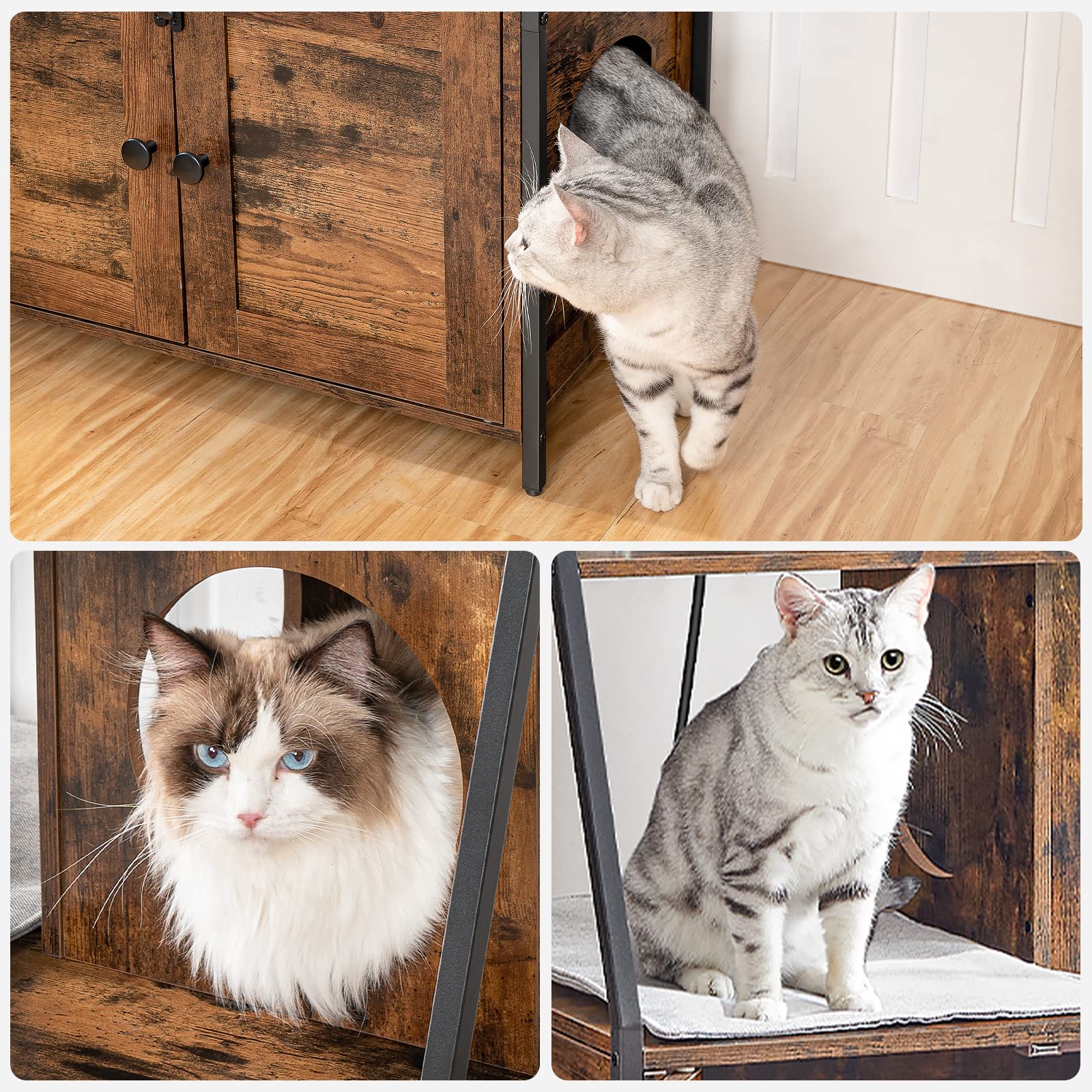 HOOBRO Large Cat Litter Box Enclosure with 2 Storage Shelves & Charging Station - Hidden Litter Box Furniture with Cat House & Plush Mat - Rustic Brown & Black BF70UMW01 - Perfect for Small Spaces & Multi-Cat Homes