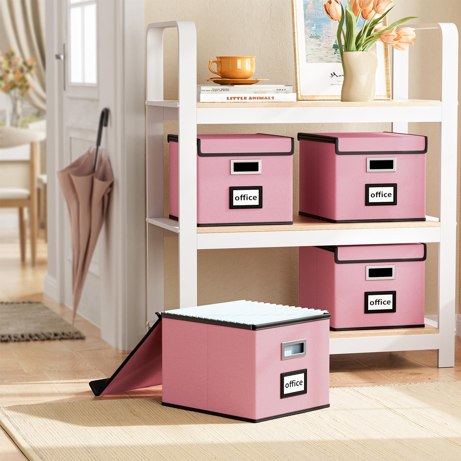 Huolewa Collapsible File Storage Organizer Box with Lid - Linen Document Organizer for Letter/Legal Folders - Space-Saving Hanging File Box for Office & Home Organization - Perfect for Desk, Shelf, or Cabinet Storage