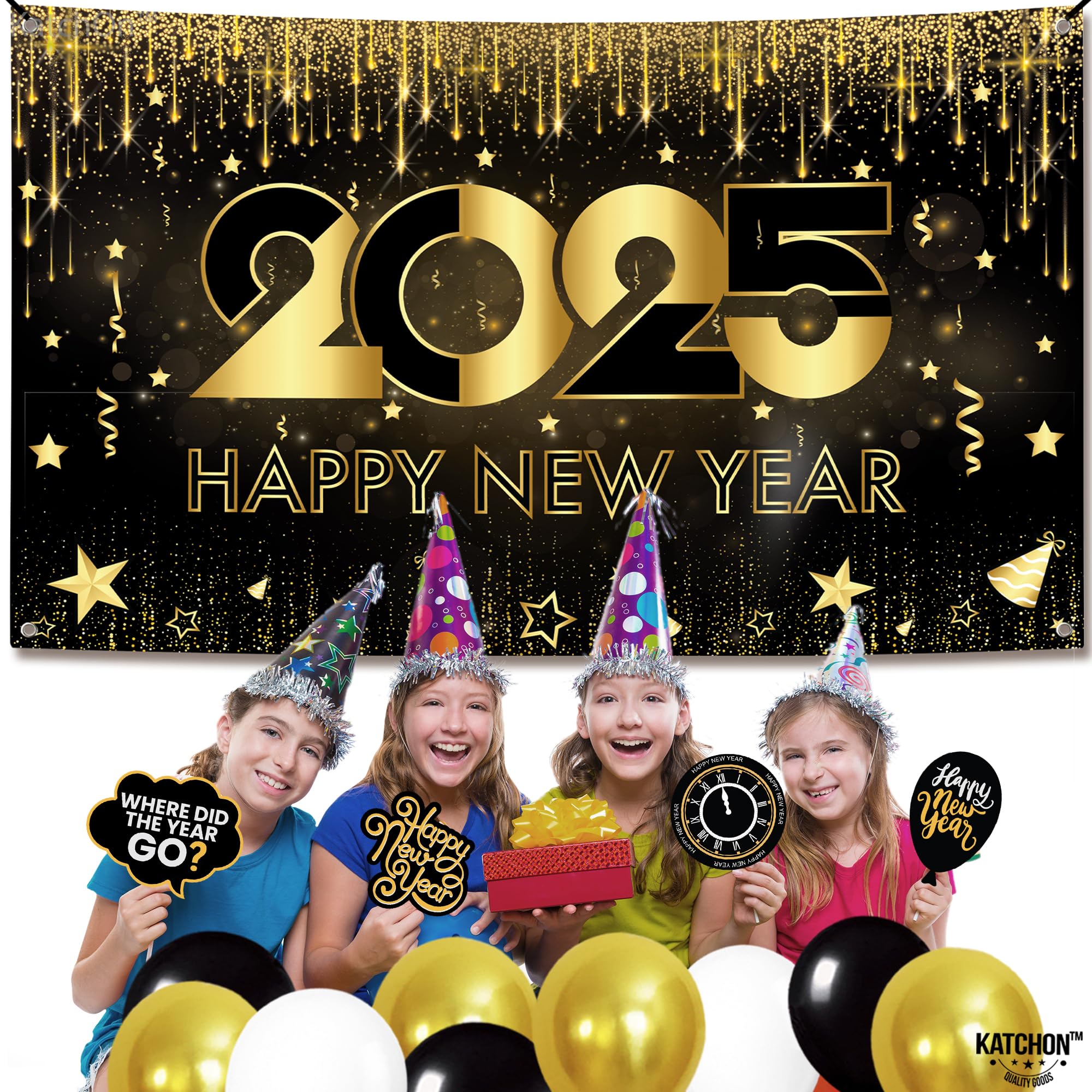 KatchOn Extra Large Happy New Year Banner - 72x44 Inch | 2025 New Year's Backdrop & Party Decorations | NYE Celebration Supplies for Home, Office & Events | Perfect for New Year's Eve Parties, Countdowns & Photo Booths