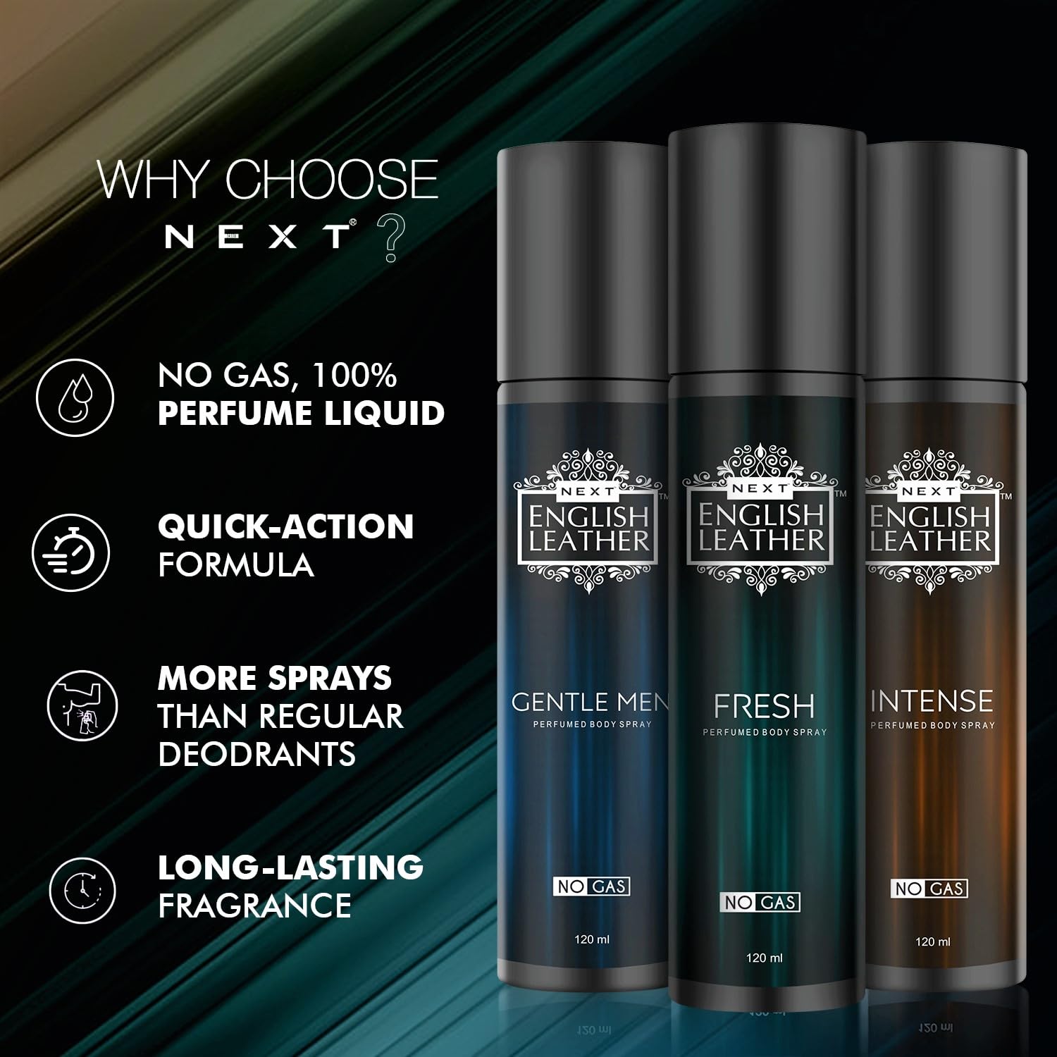 Next Care English Leather No Gas Deodorant Set of 3x120ml | Fresh, Gentleman & Intense Scents | Long Lasting Perfume Body Spray for Men | Valentine's Day Gift for Him | Aluminum-Free Deodorant Combo Pack | Ideal for Daily Use, Gym & Office | No Gas Deodorant for Men & Women