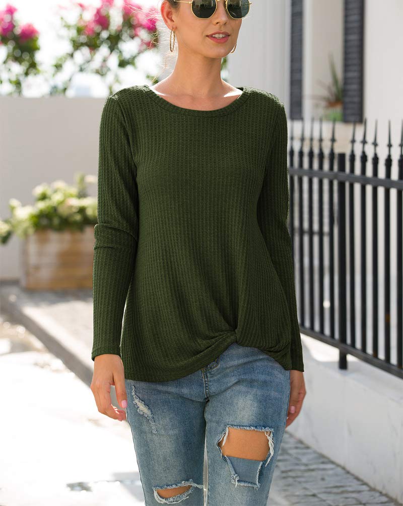 Neineiwu Women's Casual Long Sleeve Twist Knot Waffle Knit Blouse - Cute Loose Tops for Fall & Winter, Perfect for Office, Date Night and Weekend Outfits