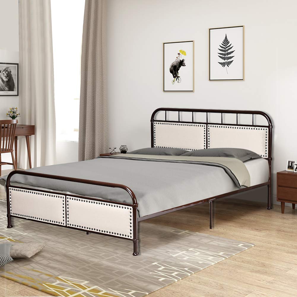 WATERJOY Queen Size Bed Frame - Sturdy Steel Platform Bed with Upholstered Headboard - Chocolate Brown - Perfect for Modern Bedrooms & Guest Rooms