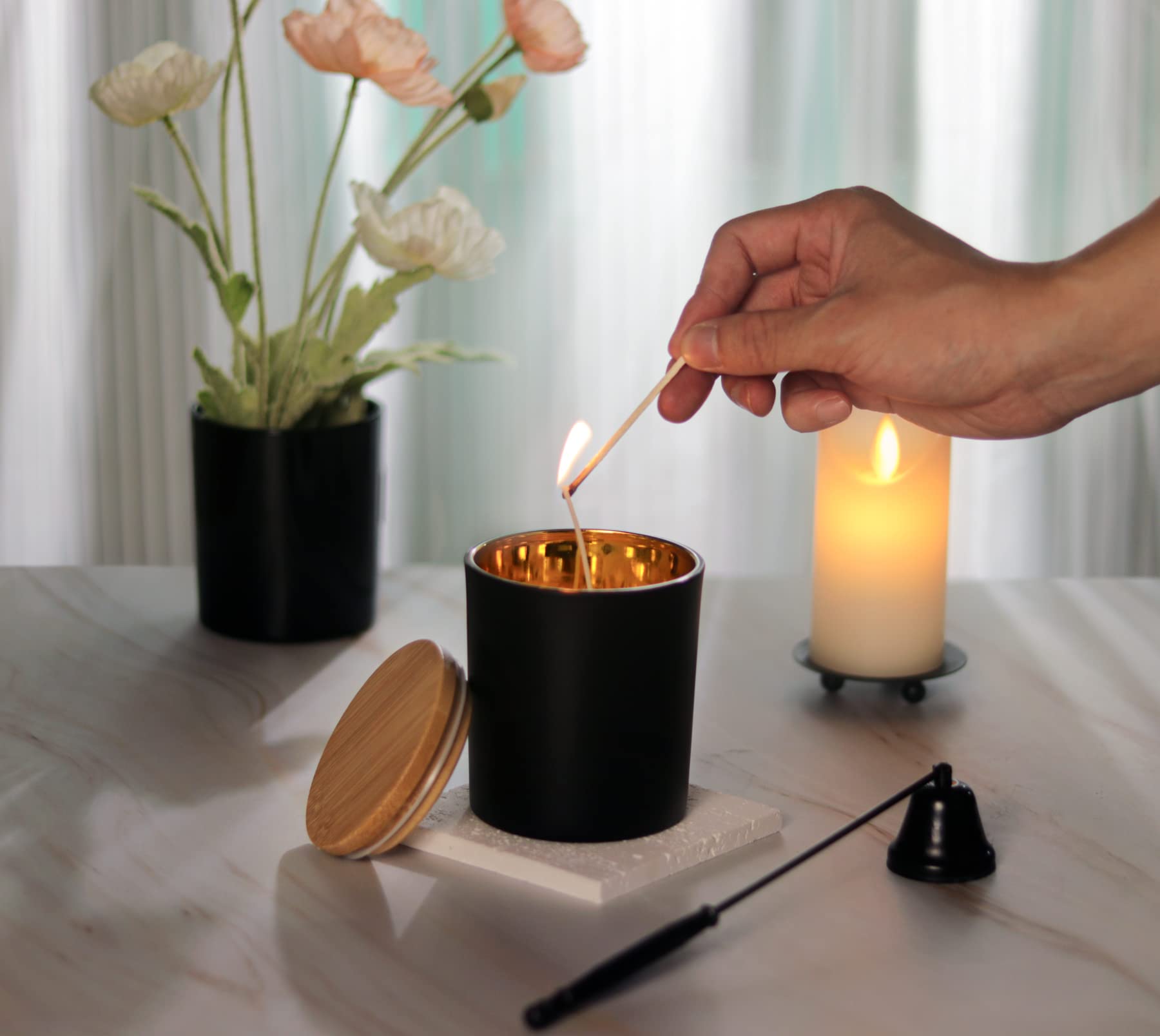 Aroparc 10oz Candle Jars with Bamboo Lids - 12 Pack Black Matte Glass Containers with Gold Interior for DIY Candle Making, Home Decor & Wedding Favors - Perfect for Soy Wax, Essential Oils & Gift Packaging