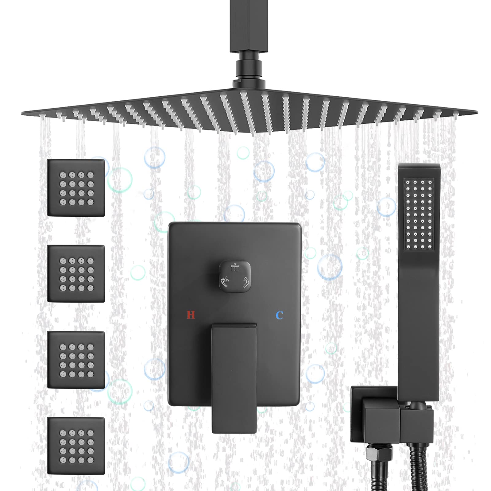 JetsBath 12'' Ceiling Rain Shower System with Handheld Shower Head - Matte Black Full Body Shower Set with Adjustable Spray Jets (JB3412C-MB) - Perfect for Luxurious Spa-Like Bathroom Experience and Modern Home Renovation