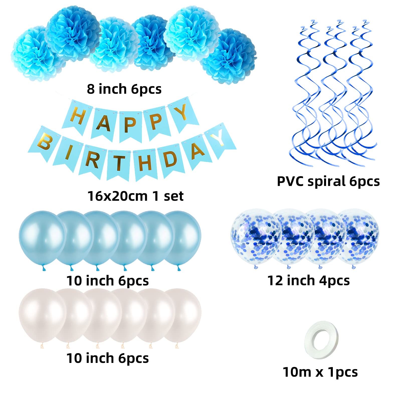 Blue and White Birthday Party Decoration Kit - Happy Birthday Banner, Spiral Charm, Paper Flower Ball, Latex Balloons & Confetti Balloons for Boys Birthday Party Supplies | Perfect for Indoor/Outdoor Birthday Celebrations, Baby Showers & Special Events