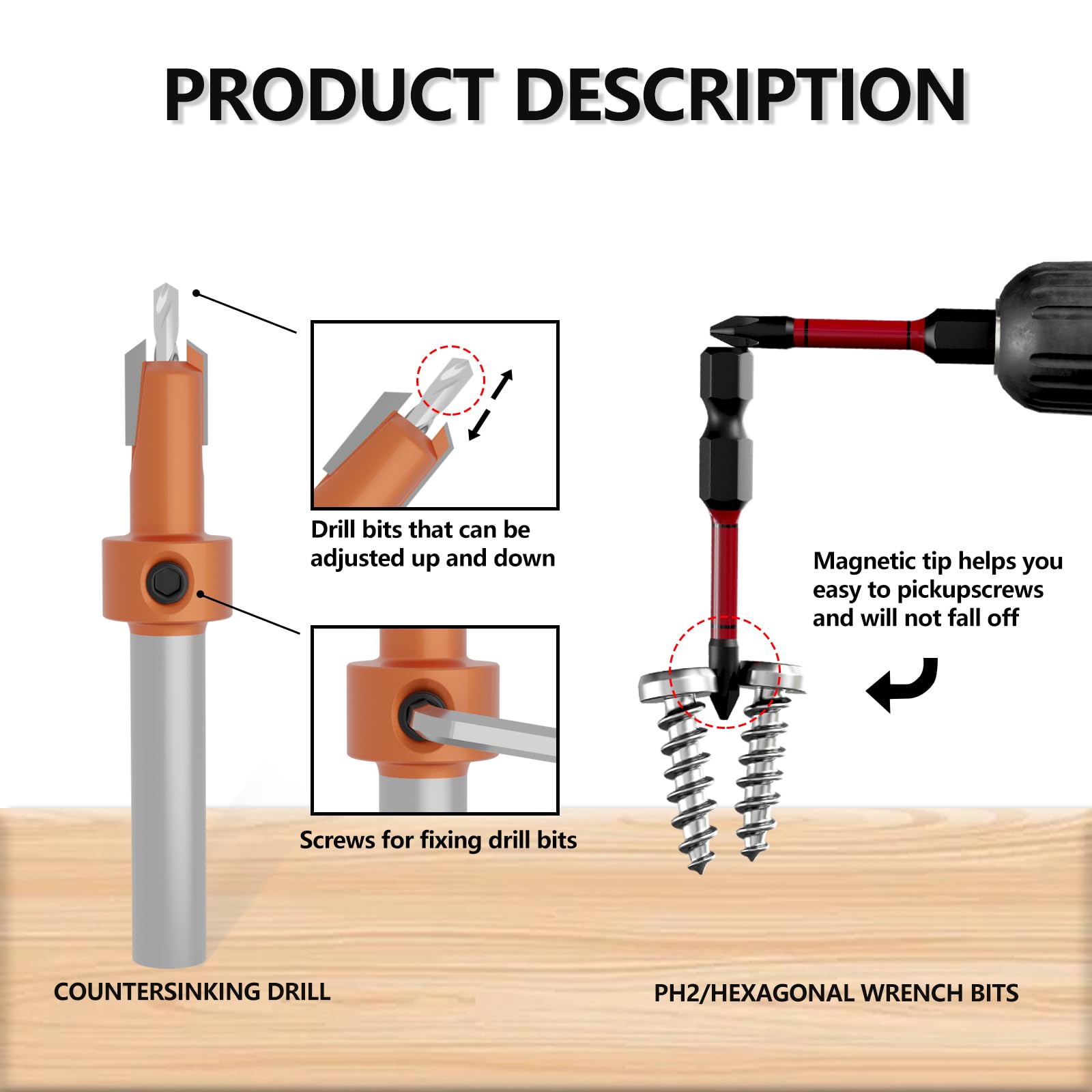 CSOOM Drawer Front Installation Clamps Set - Woodworking Clamps with Countersink Drill Bits, PH2 Impact Drill Bits & Free Screws - C-Shaped Cabinet Hardware for DIY Home Improvement & Furniture Assembly
