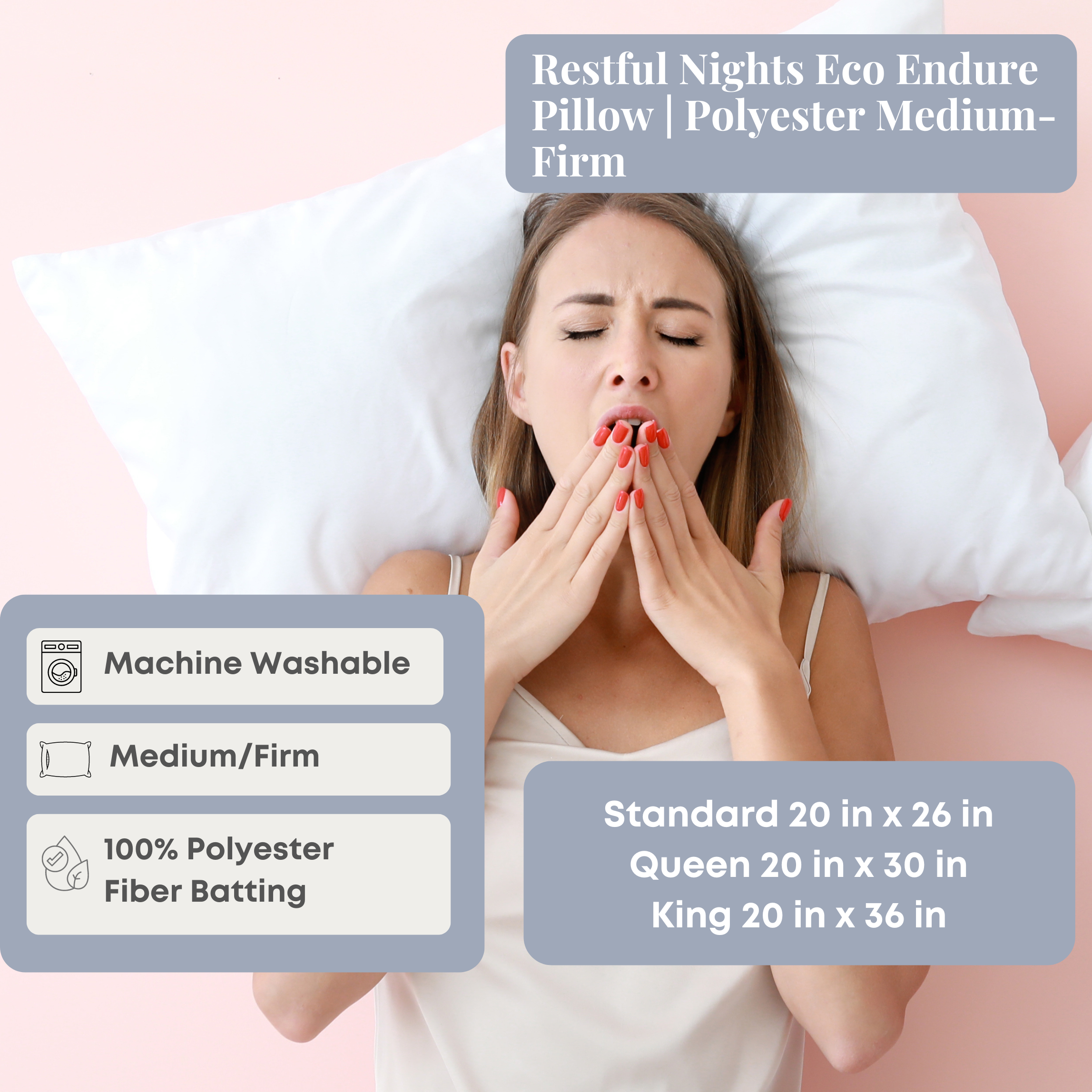 Restful Nights Eco Endure Pillow - Medium Firm Polyester Pillow for Side, Back & Stomach Sleepers | Hypoallergenic & Breathable for Better Sleep | Bedroom, Guest Room & Travel Use