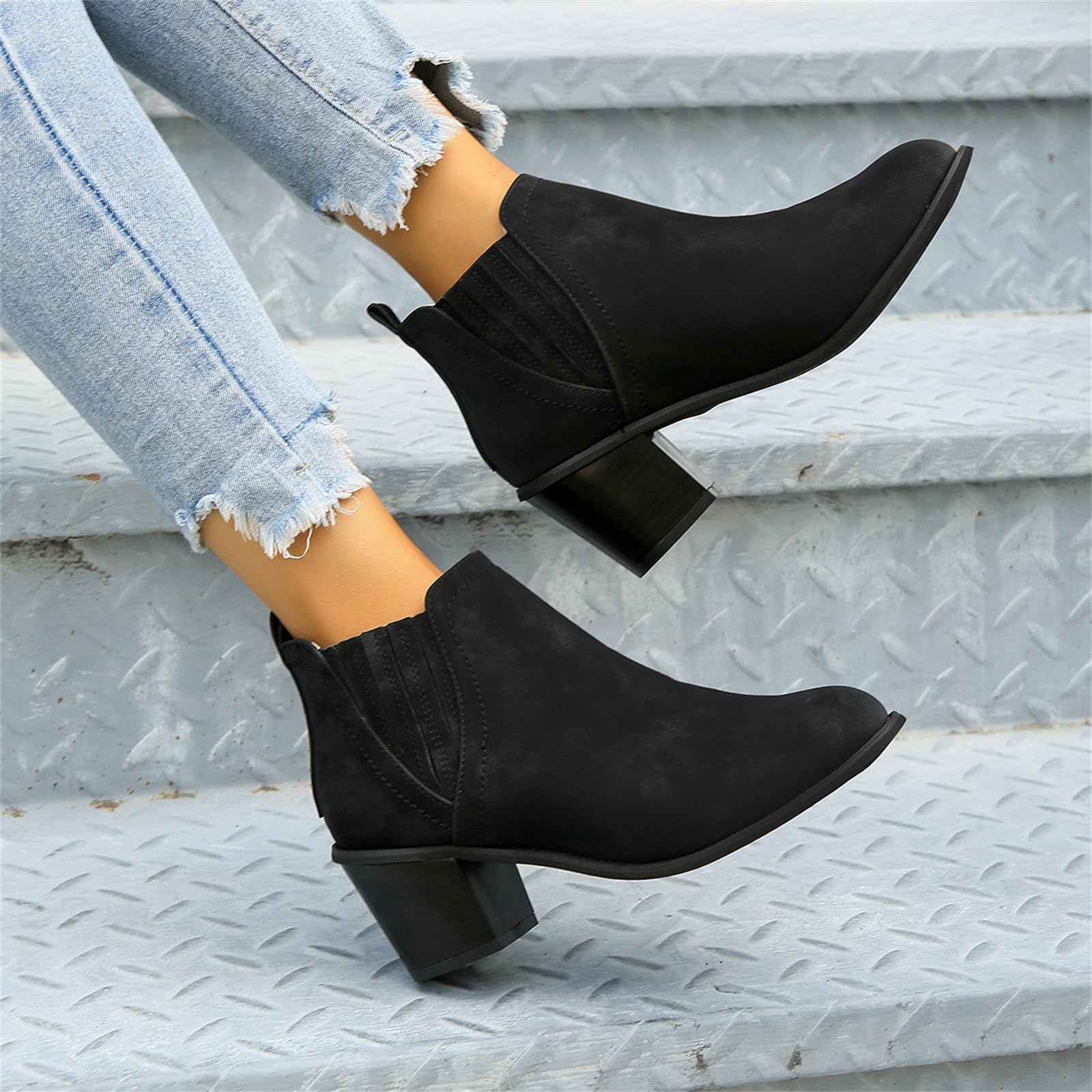 Lausiuoe Women's Ankle Boots - Chunky Heel Slip On Pointed Toe Booties with Side Zipper | Wide Width Western Style Short Boots for Casual Outfits & Office Wear