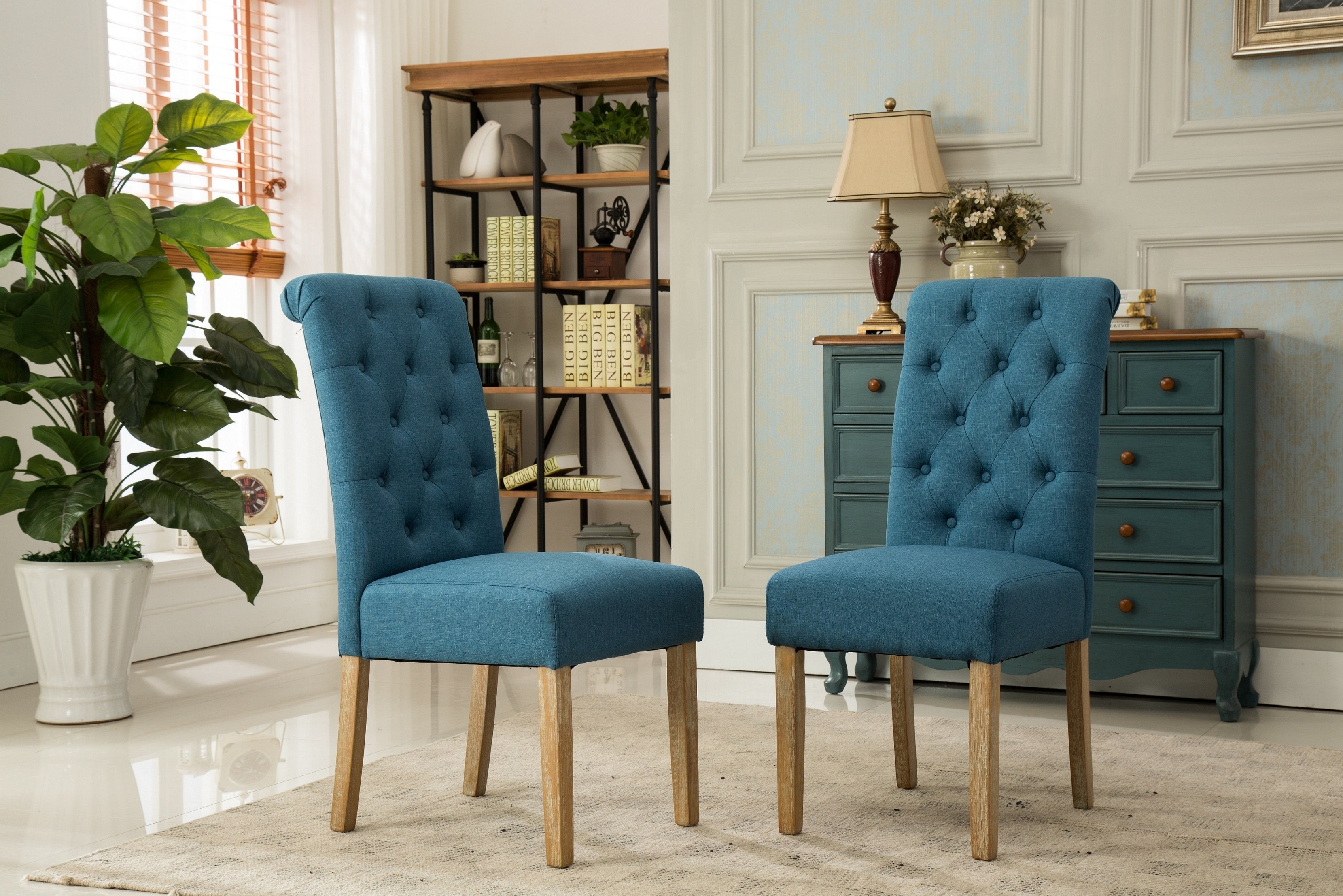 Roundhill Furniture Habit Solid Wood Tufted Parsons Dining Chair - Blue Set of 2 - Elegant Modern Dining Room Chairs for Kitchen, Breakfast Nook, and Home Office
