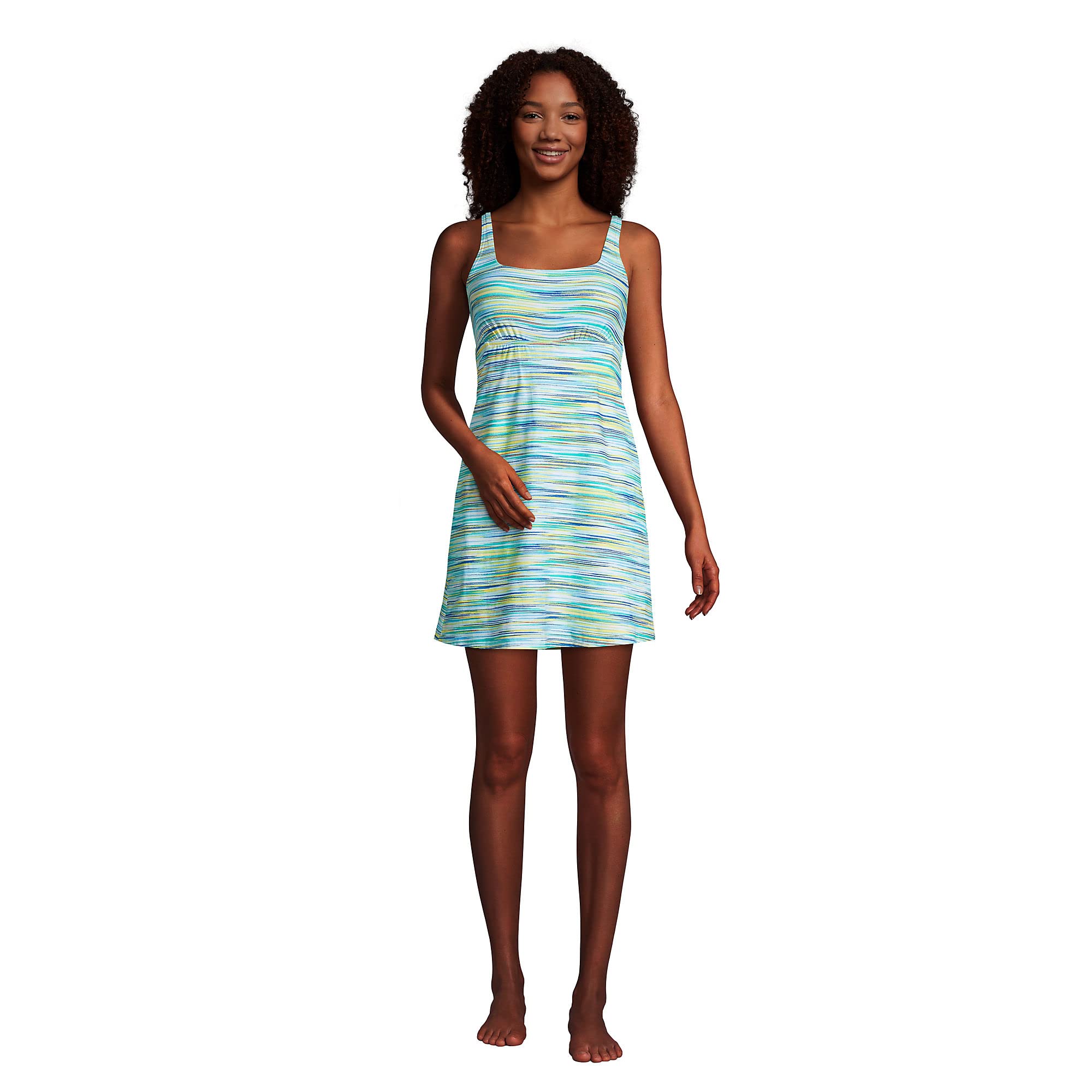 Lands' End Women's Chlorine-Resistant Square Neck Swim Dress - Control Paradise Aqua Space Dye - Size 6 | Comfortable Swimwear for Beach, Pool & Water Aerobics