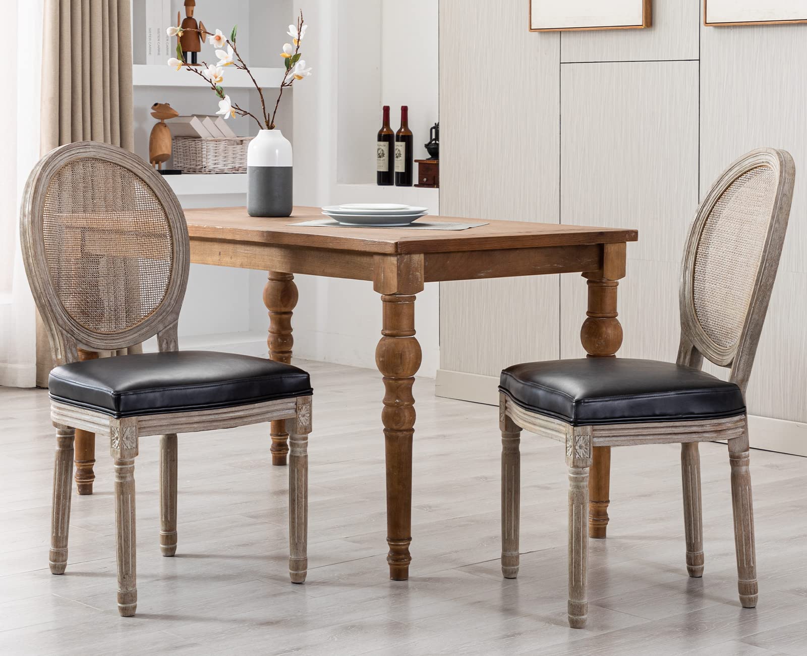 Kmax Dining Room Chairs Set of 2 - PU Leather French Chairs with Rattan Round Back for Kitchen, Living Room & Farmhouse Decor - Black | Elegant Seating for Dining, Entertaining & Home Office