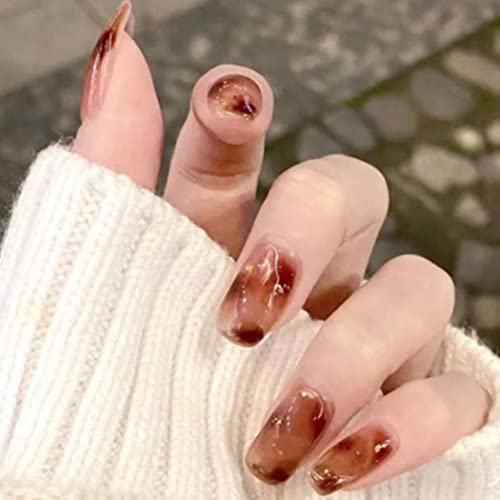 Uranian Square Press-On Nails - Medium Length Brown Glossy Fake Nails with Blooming Design, 24pcs Full Cover Acrylic Nail Tips for Women & Girls | Perfect for Parties, Weddings, Date Nights & Special Occasions
