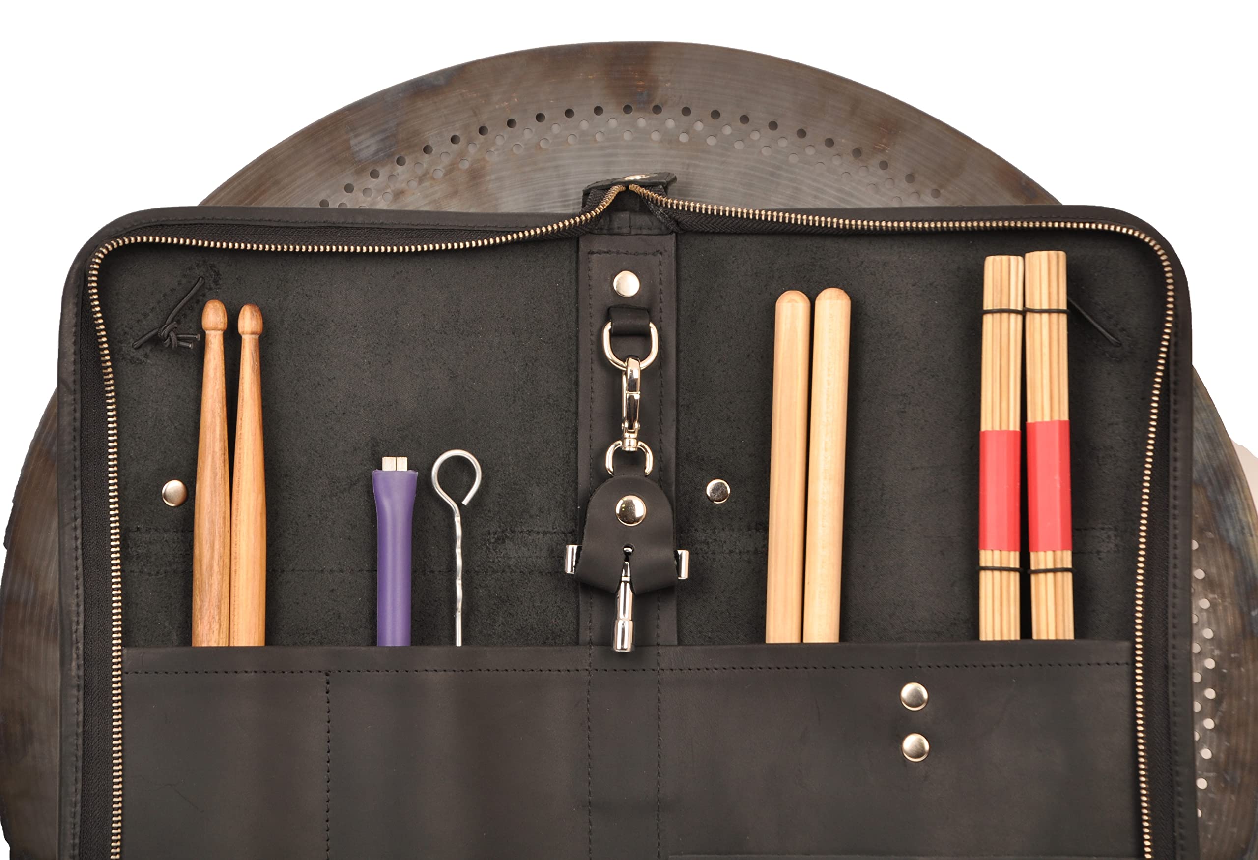 Handmade Genuine Leather Drumstick Bag with Drum Key Holder - Large Black Drum Stick Case for Drummers, Perfect for Gig, Practice & Travel