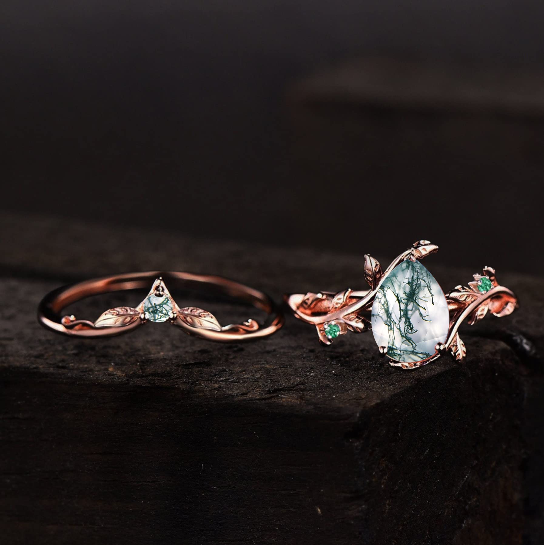 Nature Inspired Green Moss Agate Bridal Ring Set - 1.25ct Pear Cut Rose Gold Vintage Branch Design with Leaf Twig Vine Details | Emerald Wedding Band, Unique Anniversary Gift for Her (Includes Gift Box) | Perfect for Boho Weddings, Nature-Themed Proposals & Romantic Occasions