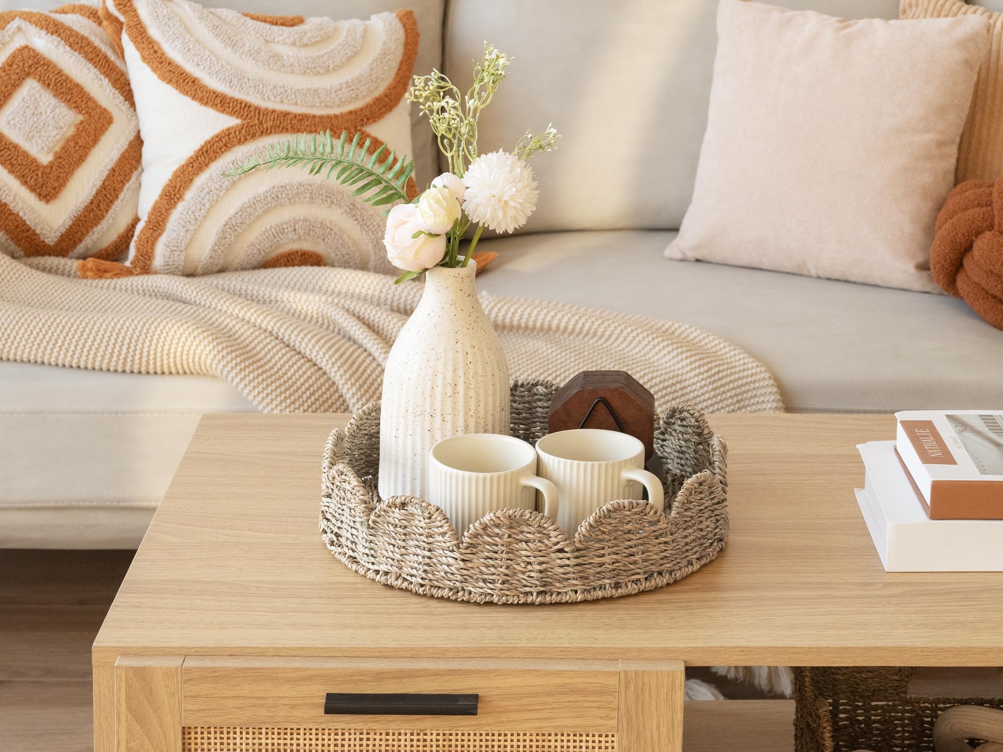 Round Wicker Rattan Serving Tray with Handles - 13