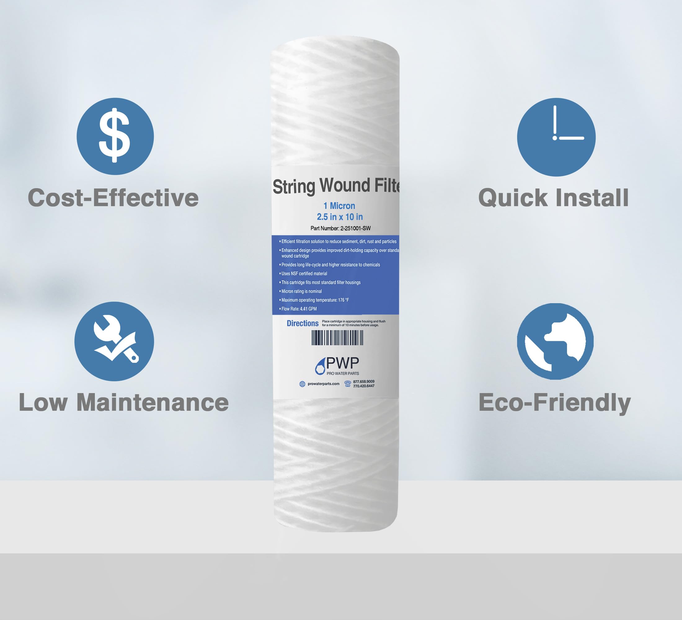 String Wound Sediment Water Filter Cartridge 2.5x10 Inch 1 Micron 50 Pack – Ideal for Whole House Filtration, Well Water, and Industrial Applications